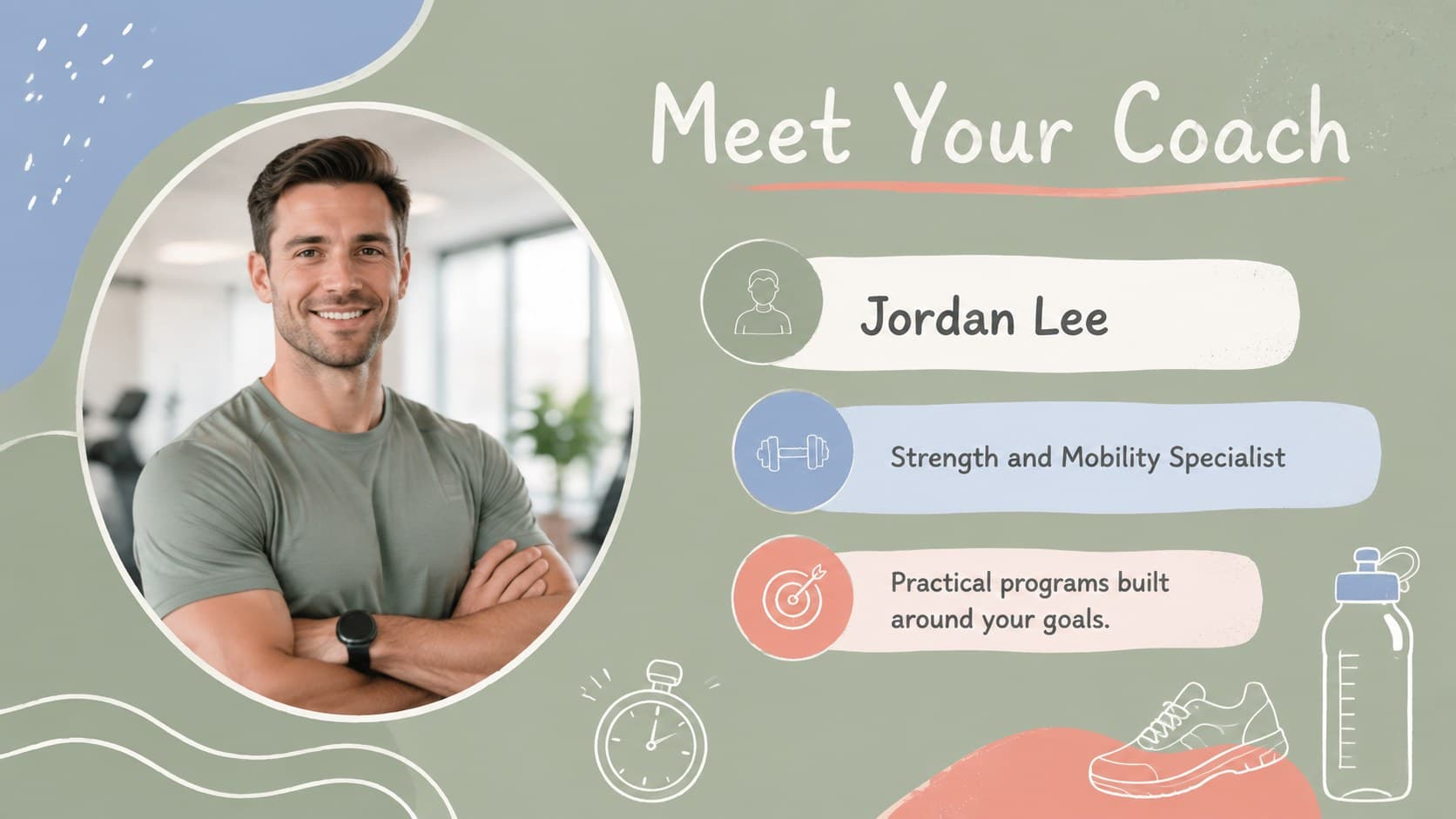 Personal trainer presentation slide featuring an original coach portrait and a concise professional profile.