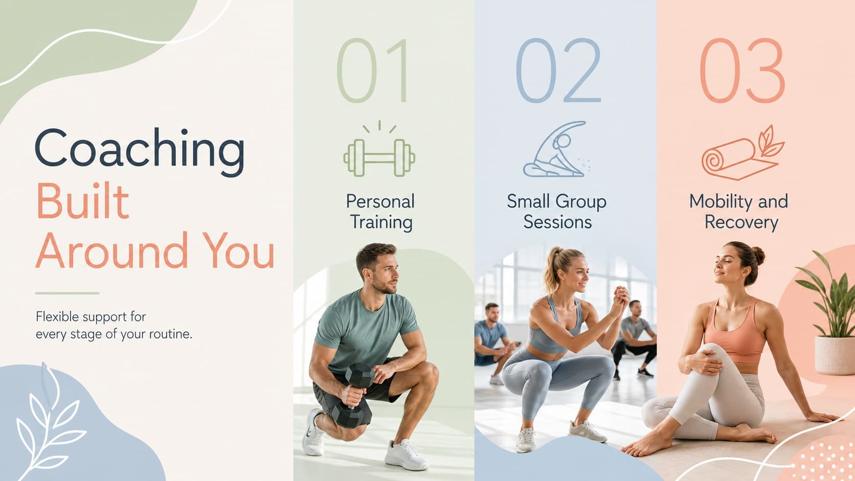 Fitness studio pitch deck slide presenting three coaching services in a pastel organic design.