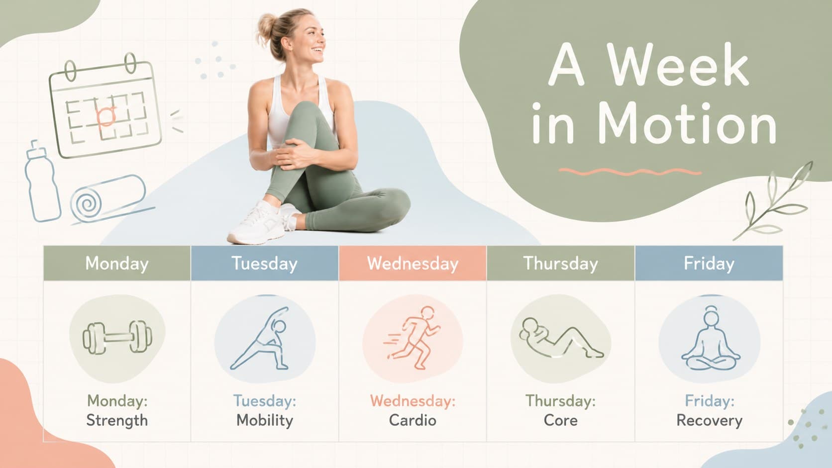Pastel fitness class planning slide showing a balanced weekly workout schedule.