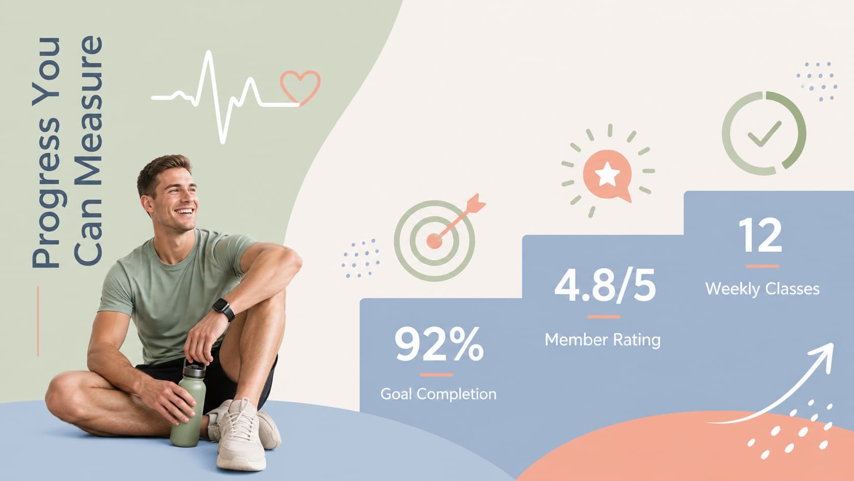 Wellness coaching slide template displaying key membership and training statistics in pastel colors.