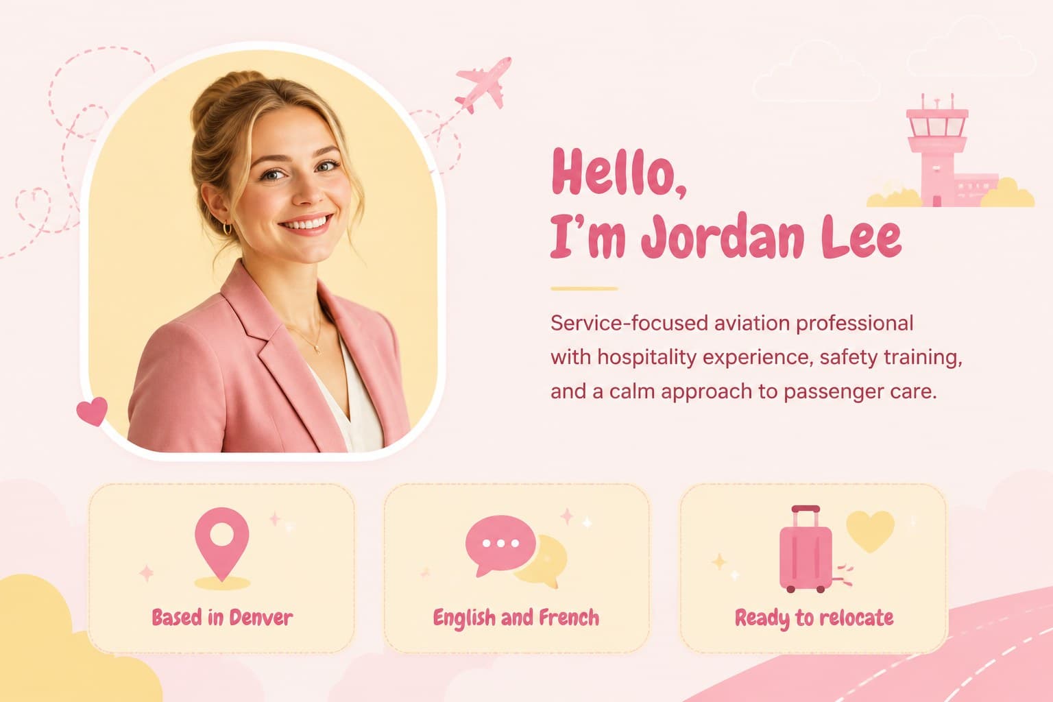 Illustrated flight attendant professional profile slide with an introduction, portrait area, and aviation details.
