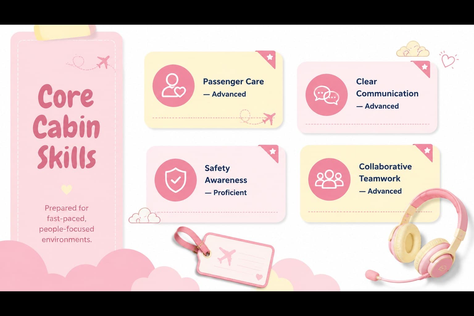 Flight attendant skills presentation with colorful indicators for service, communication, safety, and teamwork.