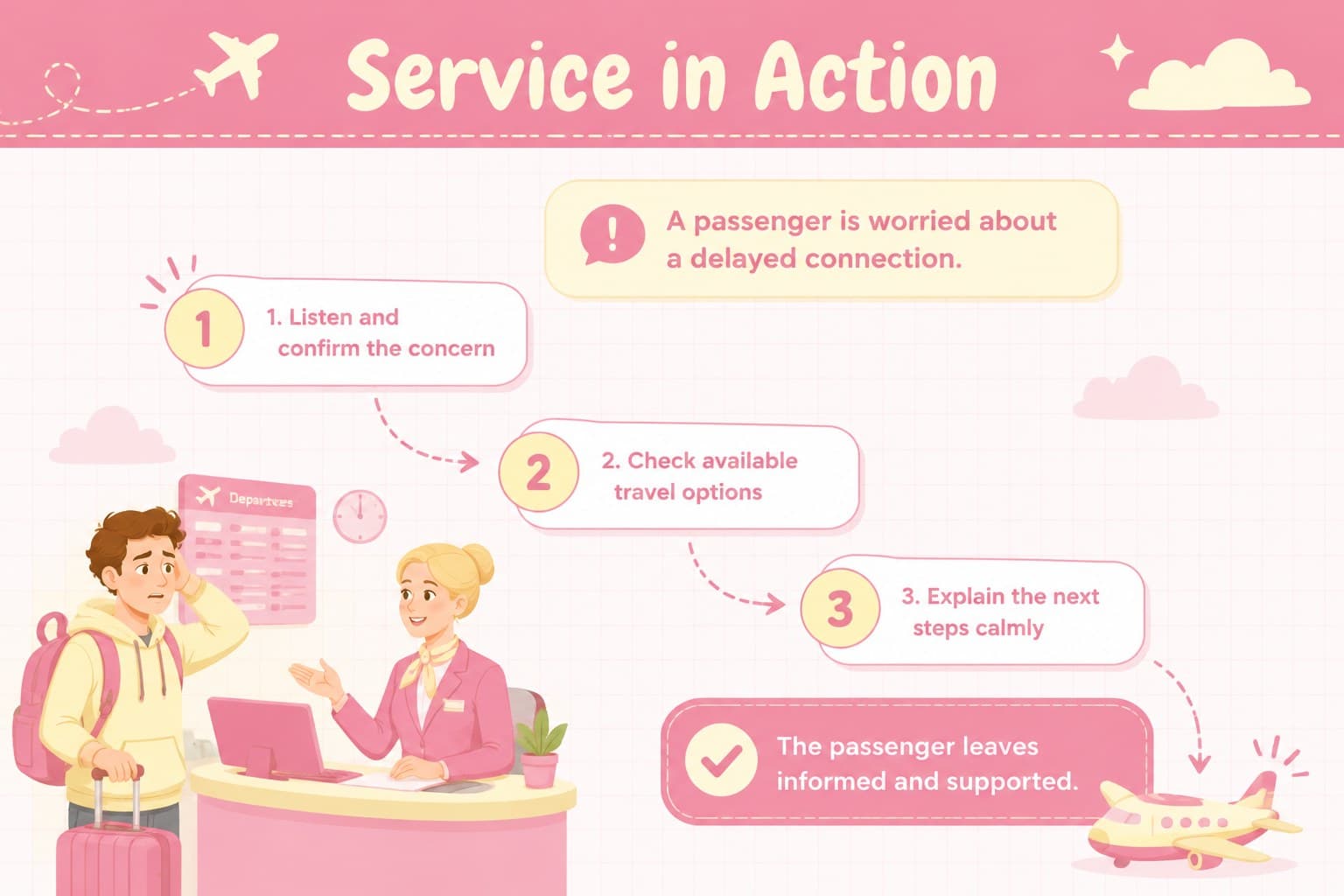 Airline customer service portfolio slide explaining a thoughtful response to a delayed passenger connection.