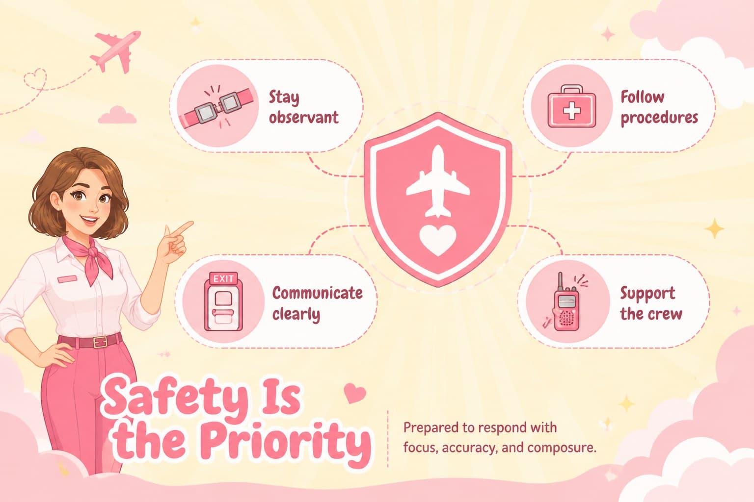 Flight attendant safety knowledge slide featuring four priorities for awareness, procedures, communication, and teamwork.