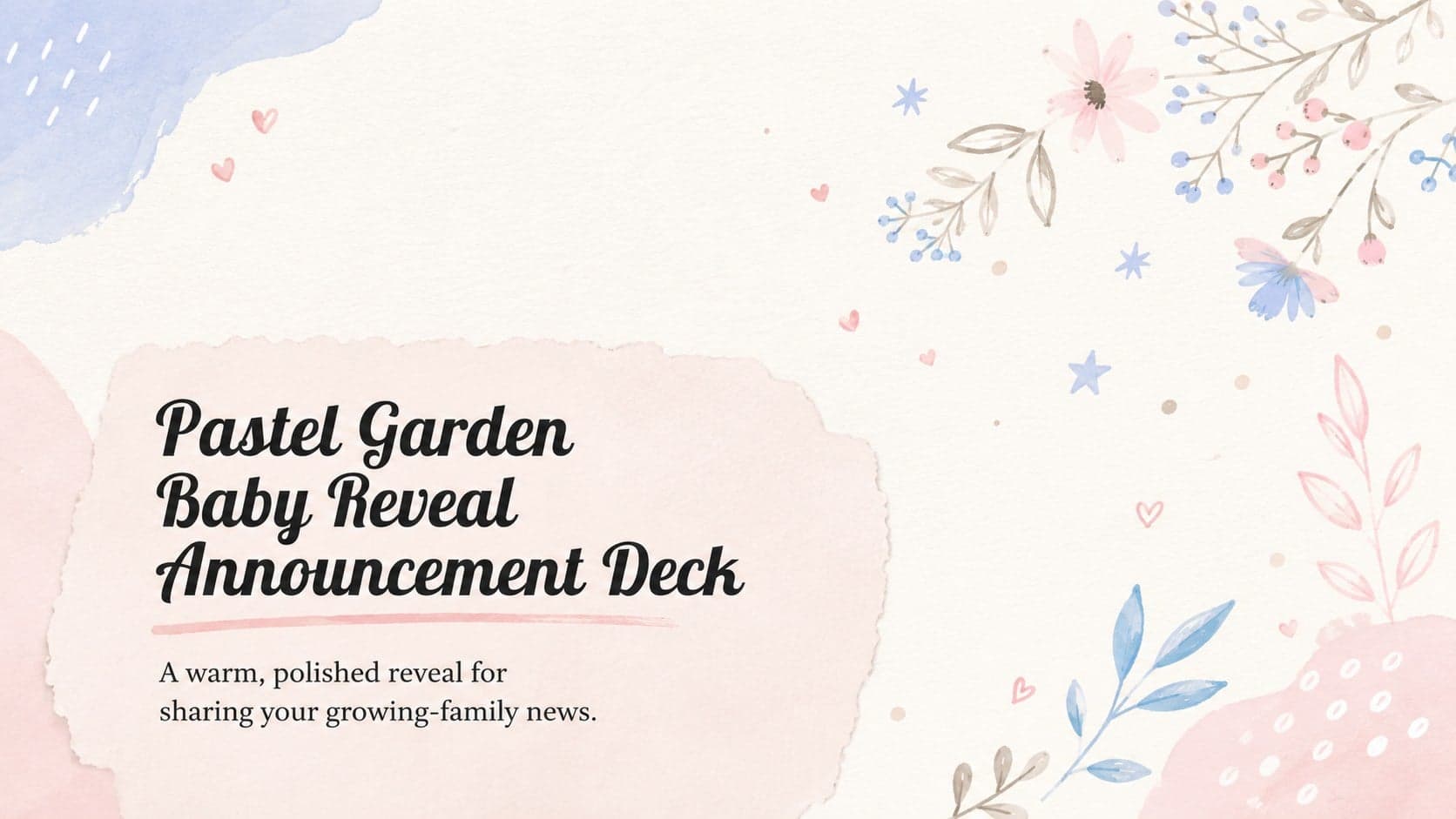 Pastel garden baby reveal announcement deck cover with pink and blue flowers, leaves, and a framed title.