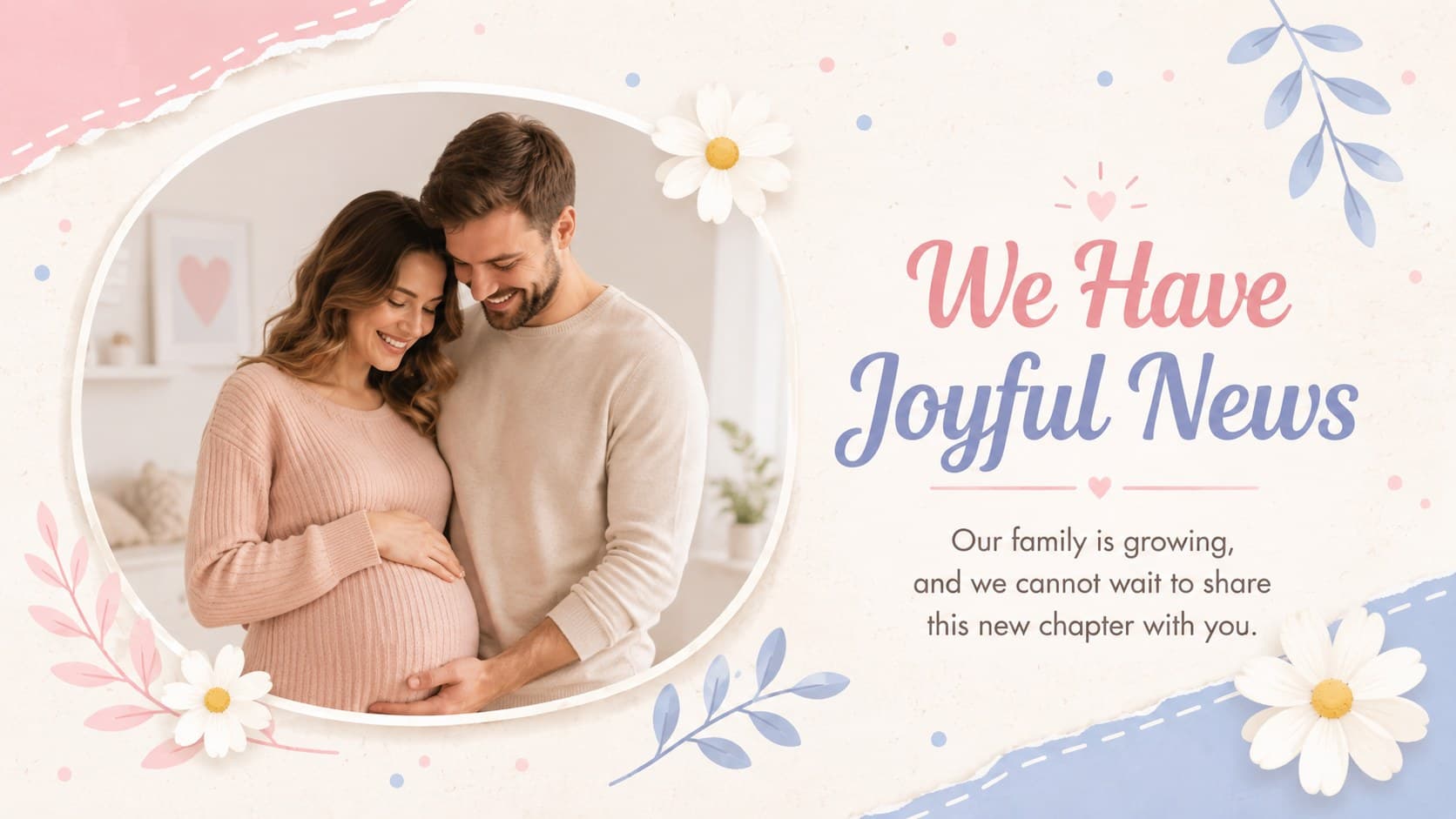 Pastel baby announcement presentation slide introducing joyful news with botanical doodles and a photo frame.