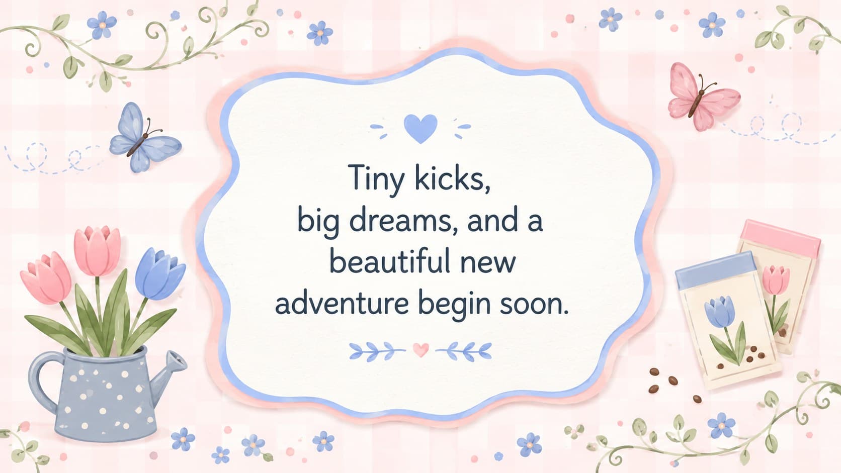 Editable baby reveal slideshow page featuring a central announcement message and playful pastel garden illustrations.