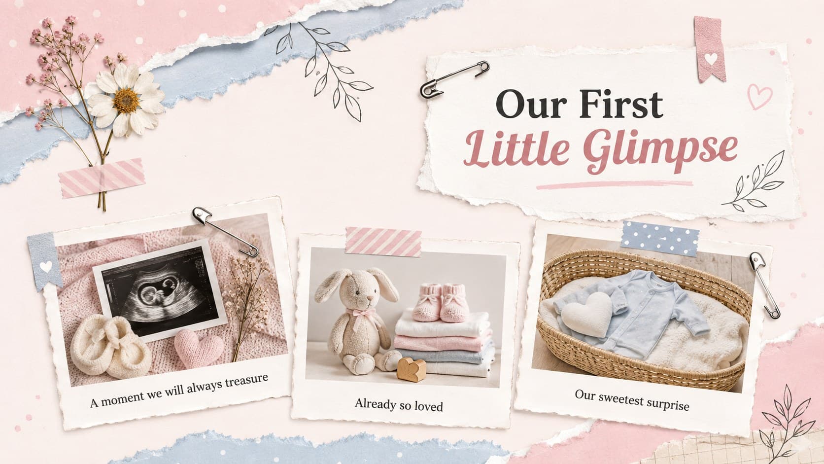 Pregnancy announcement photo collage with three pastel frames, floral accents, and space for ultrasound pictures.