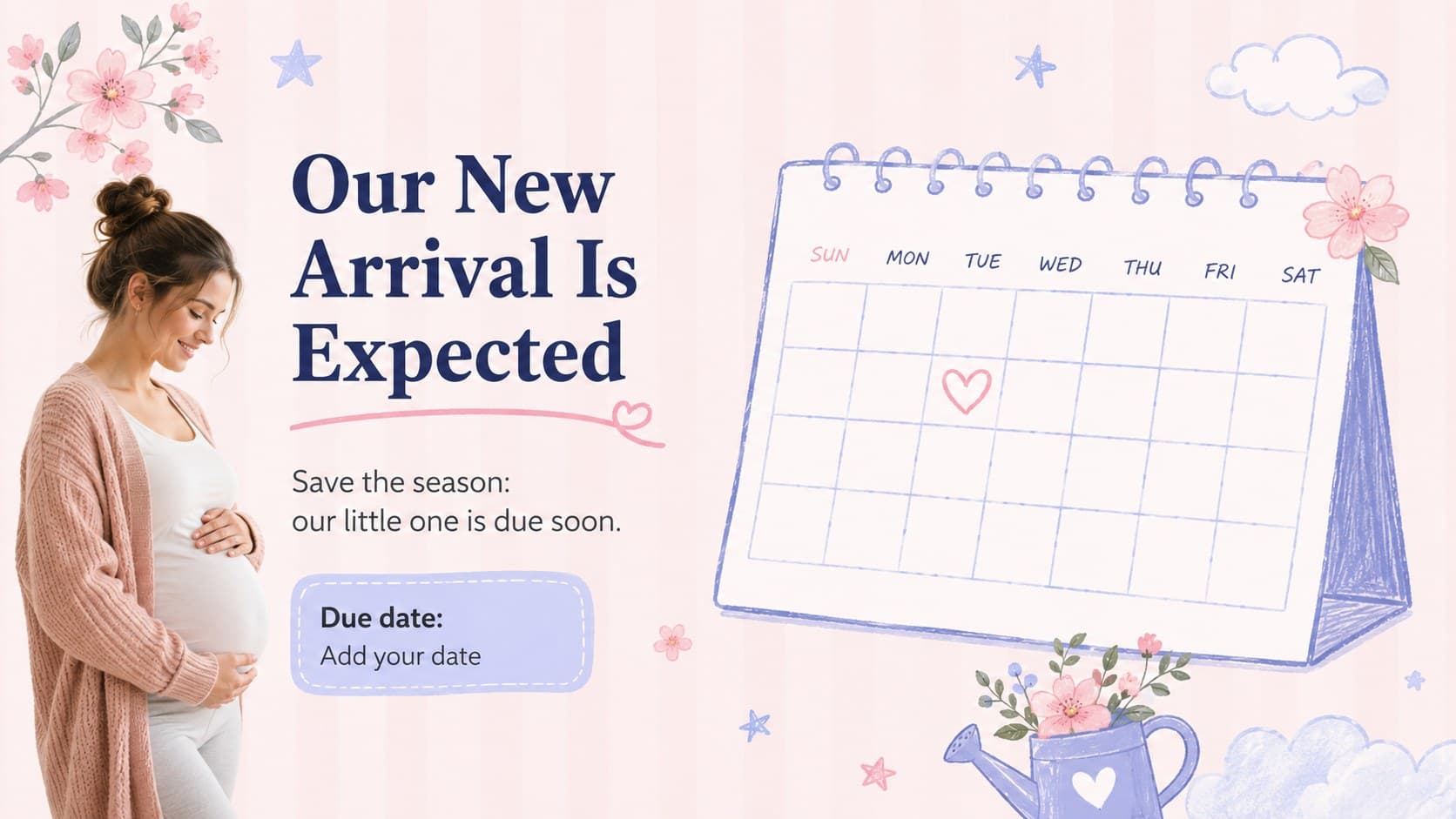 Pastel due-date announcement slide with a calendar motif, garden flowers, and pink and blue doodles.