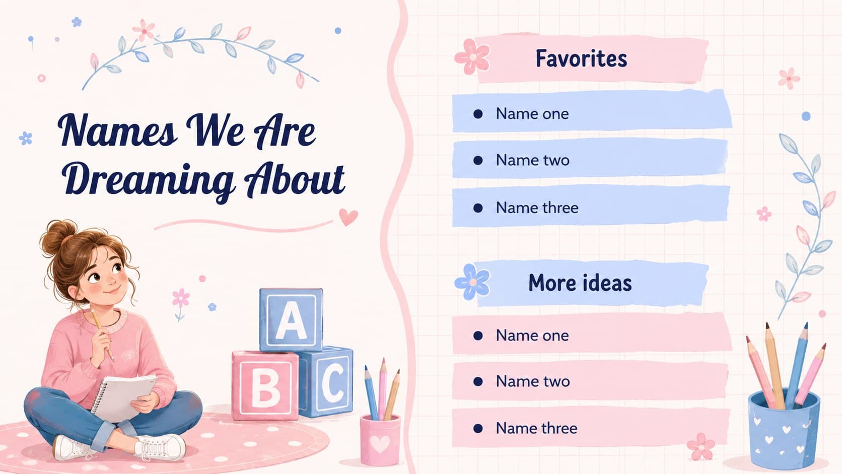 Pink and blue baby reveal slide featuring editable name ideas in a playful botanical layout.