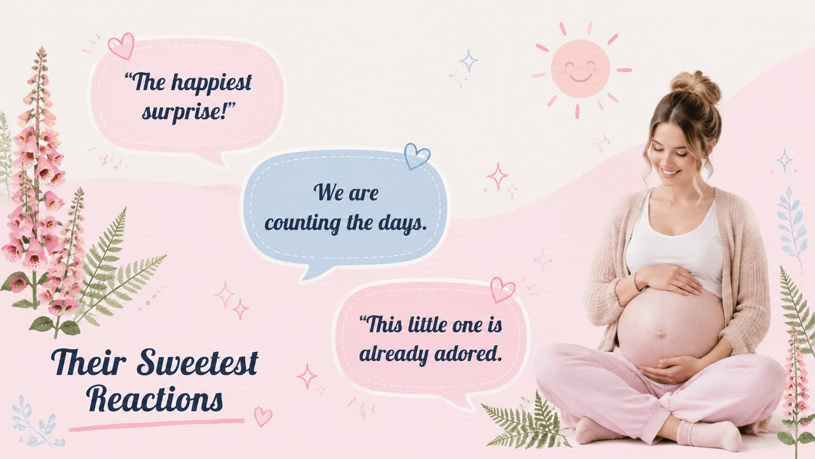 Garden themed pregnancy reveal slide with family reaction quotes arranged around colorful floral doodles.