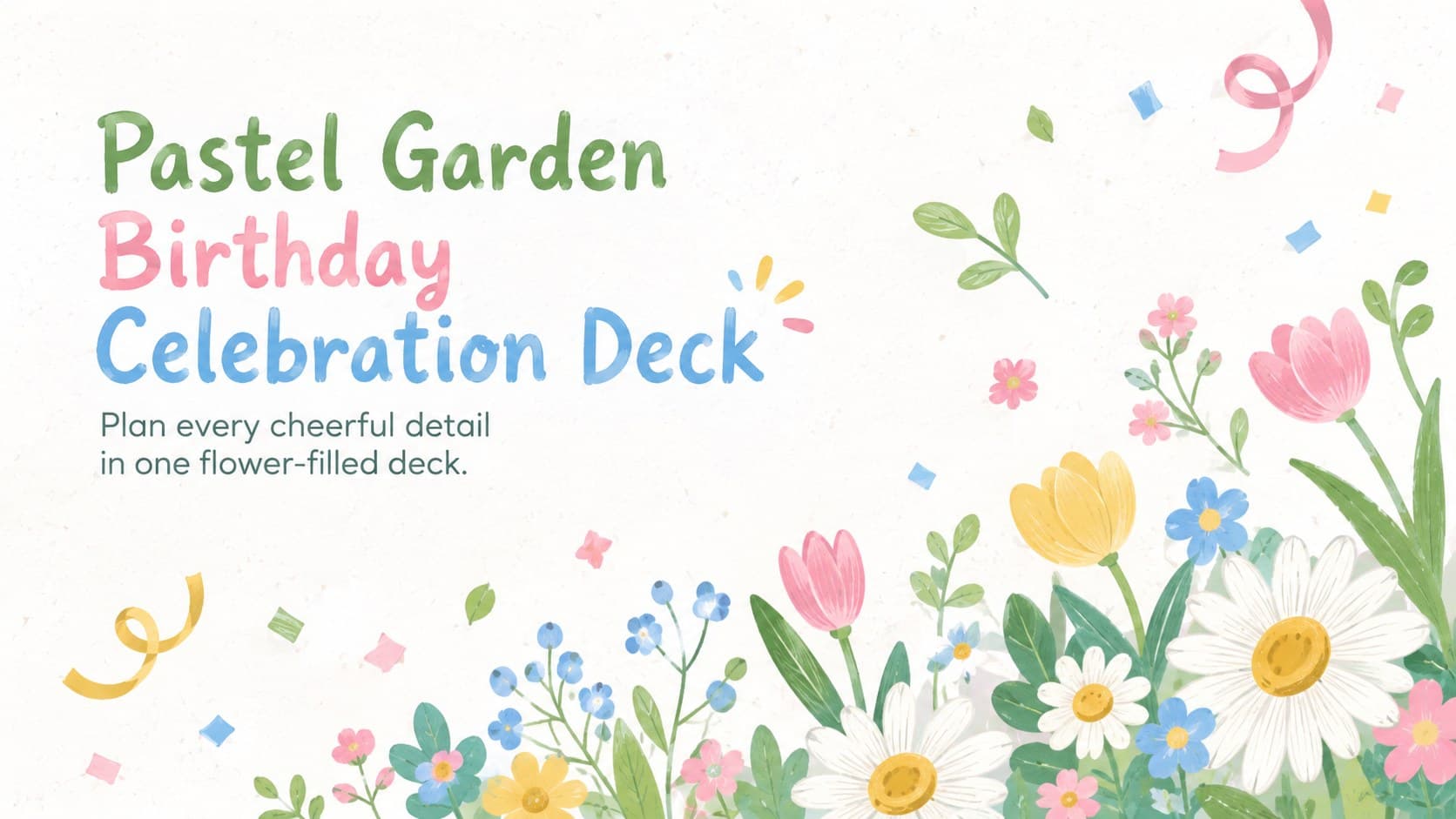 Cover for a pastel garden birthday celebration deck with colorful flowers, paper textures, and a cheerful party title.