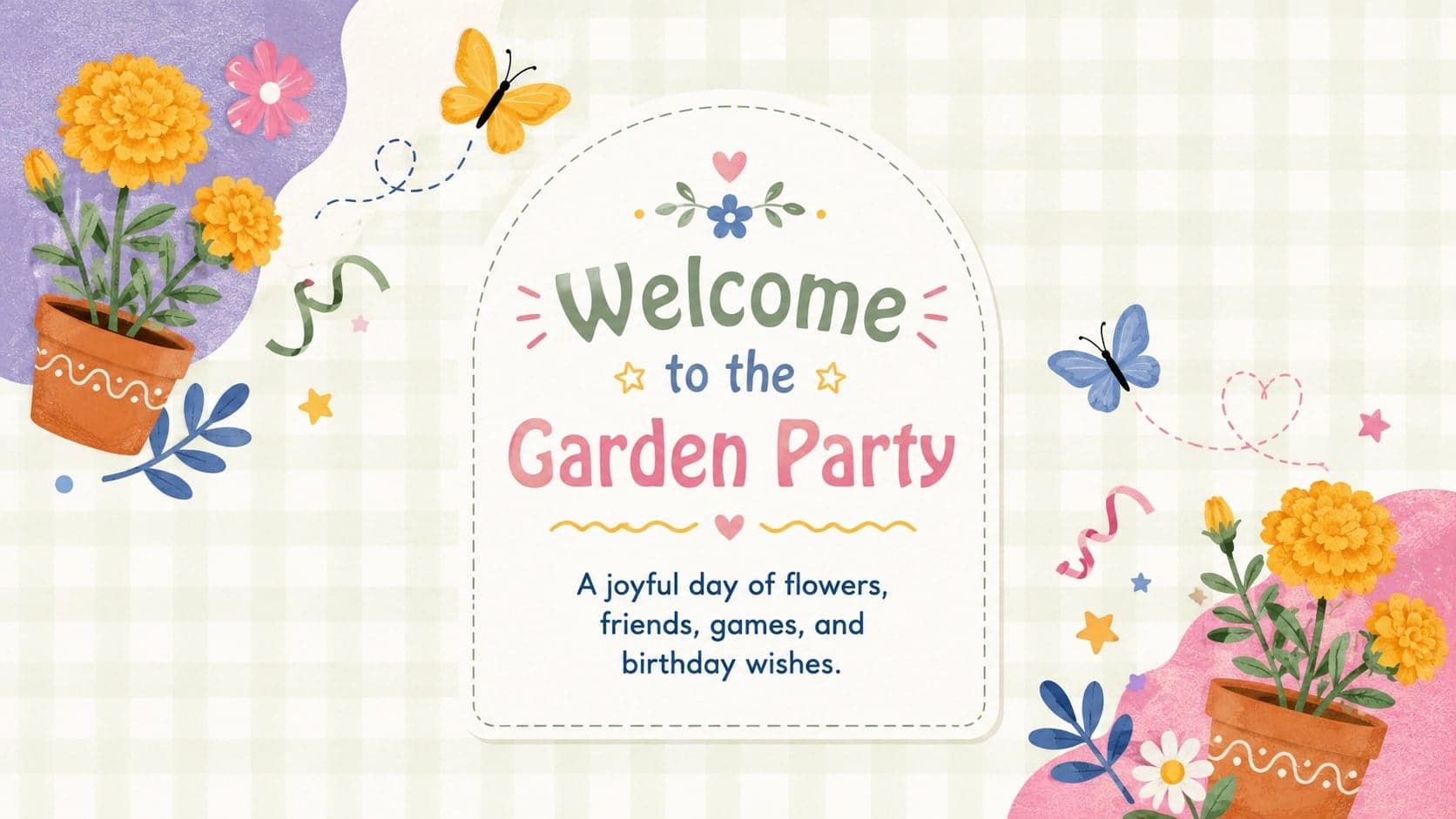 Pastel garden party presentation welcome slide featuring floral corners and a short birthday greeting.