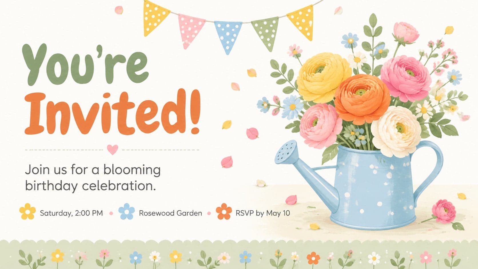 Editable birthday invitation slide with pastel flowers, event details, and a playful RSVP panel.