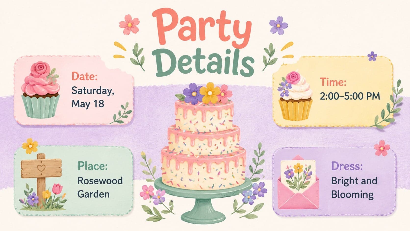 Birthday party planning deck slide listing the date, venue, dress theme, and RSVP information.