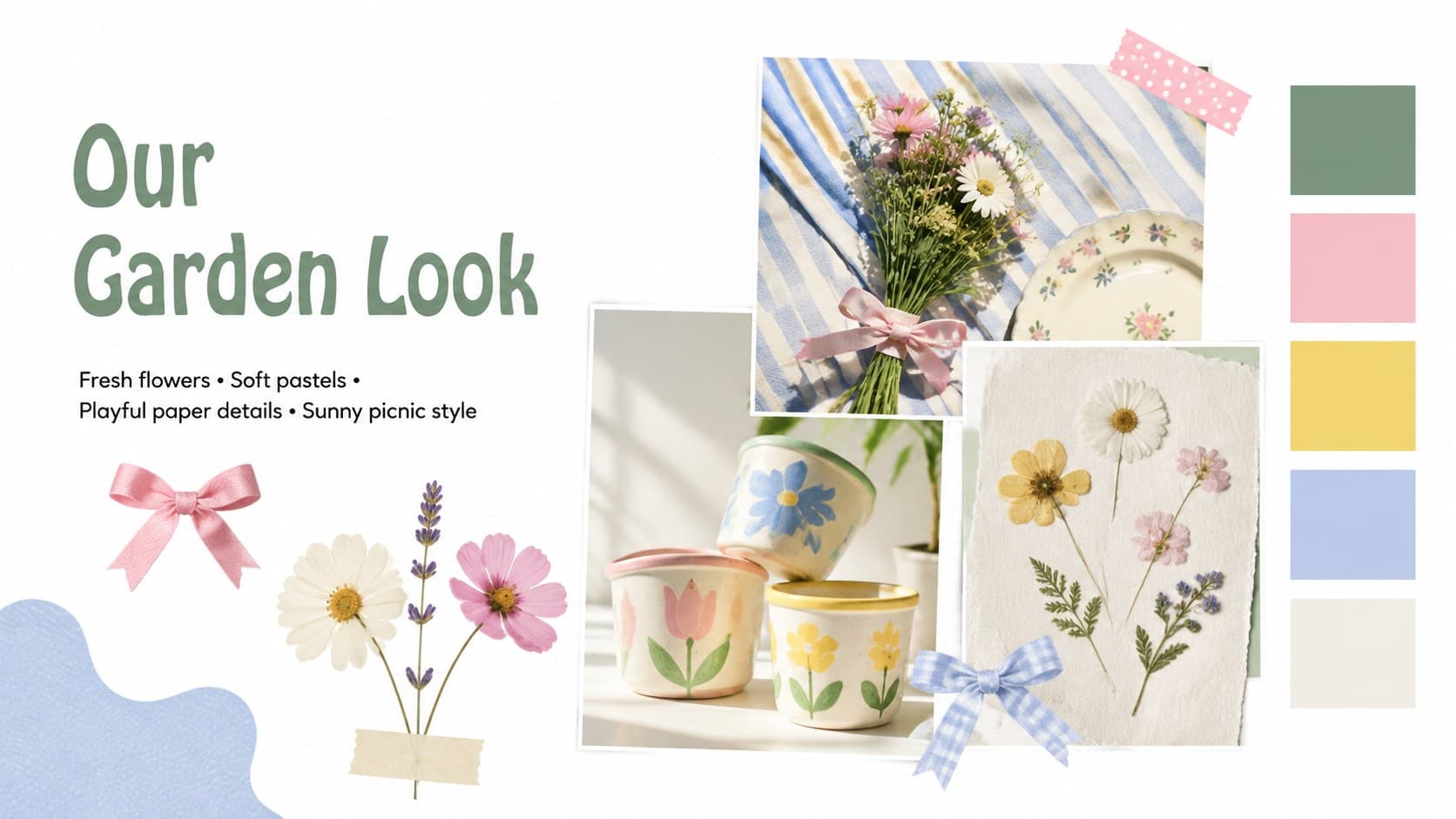 Spring garden celebration template mood board with pastel swatches, floral decorations, and party inspiration.