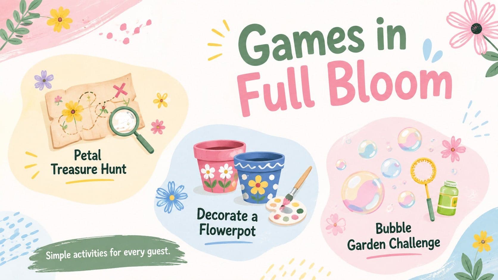 Kids floral party PowerPoint slide presenting outdoor games and creative birthday activities.