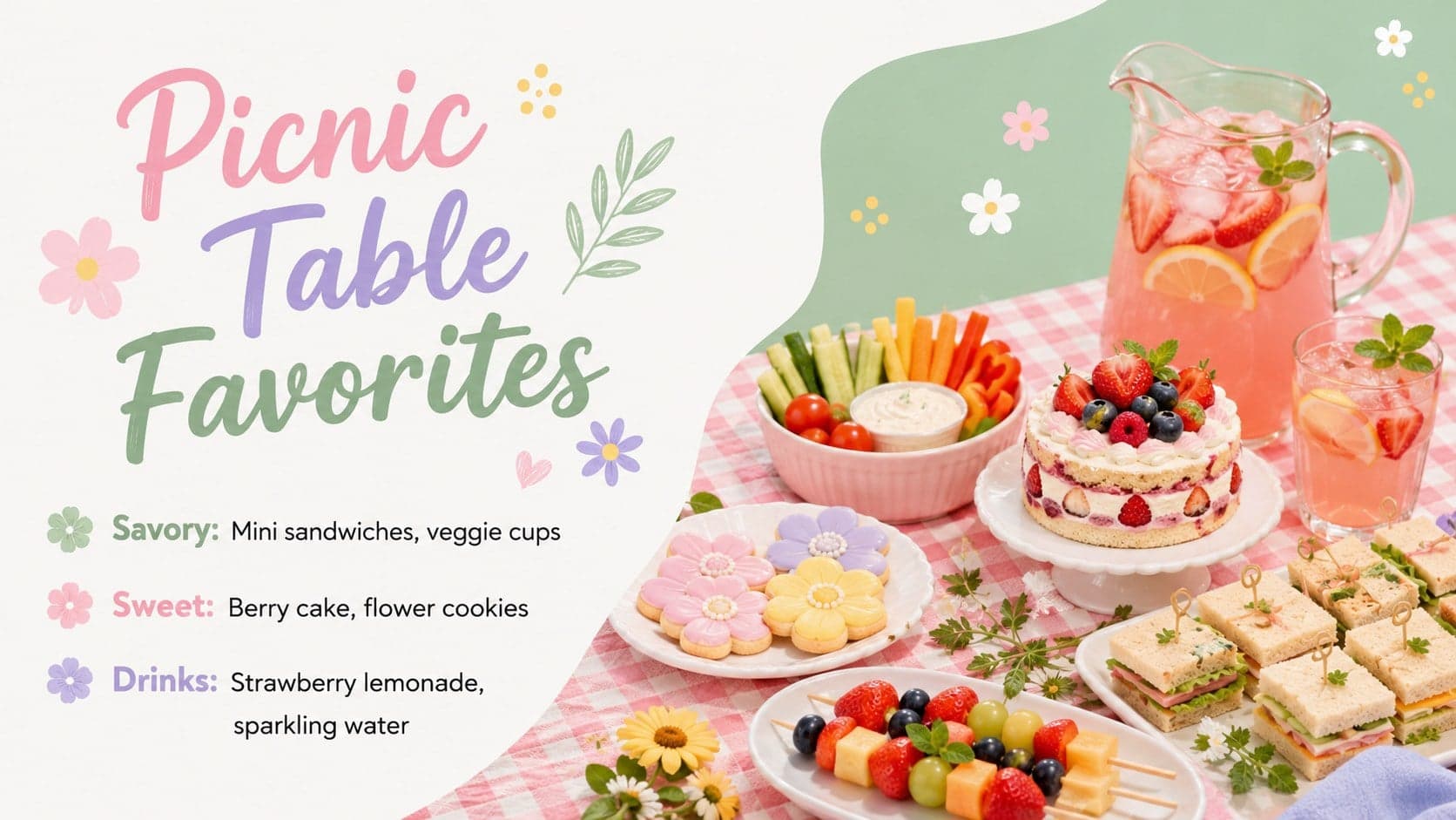 Garden birthday menu slide with colorful food illustrations and separate savory, sweet, and drink sections.