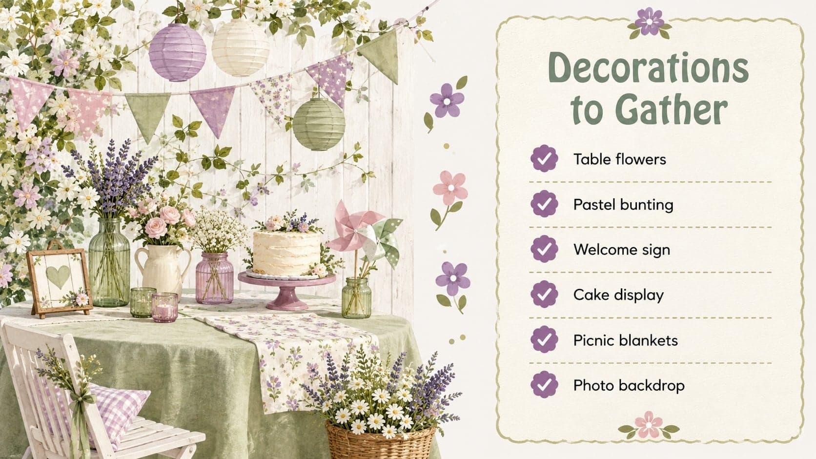 Pastel garden birthday decor checklist featuring flowers, bunting, table settings, and photo area ideas.