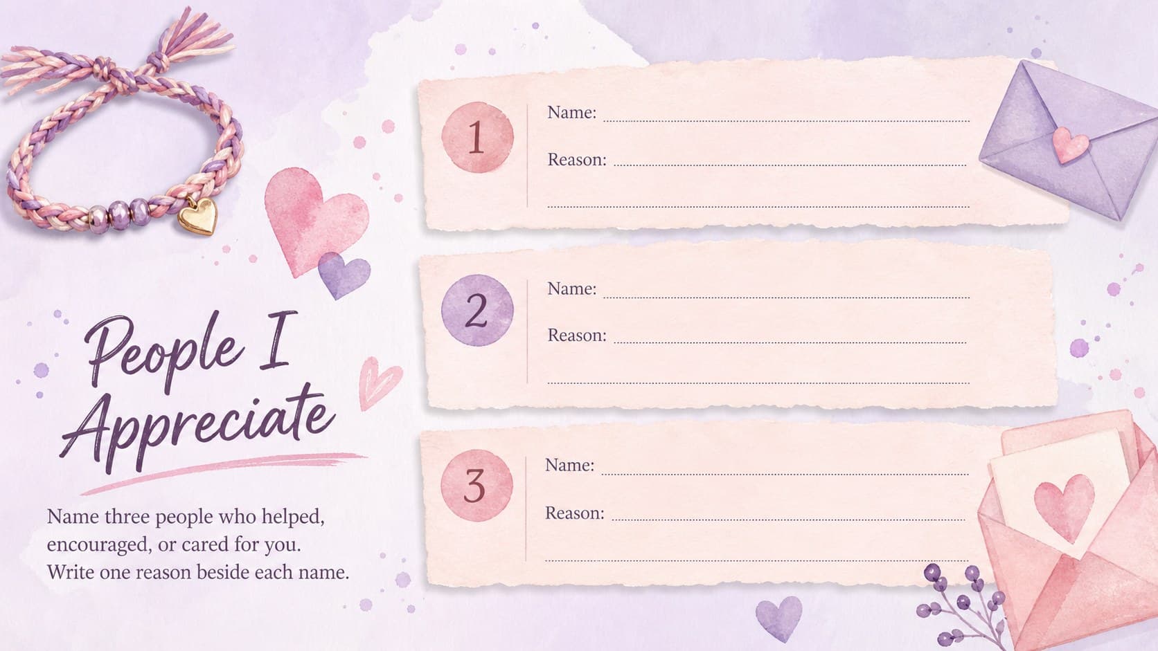 Editable gratitude workbook page with prompts for three people a student appreciates.