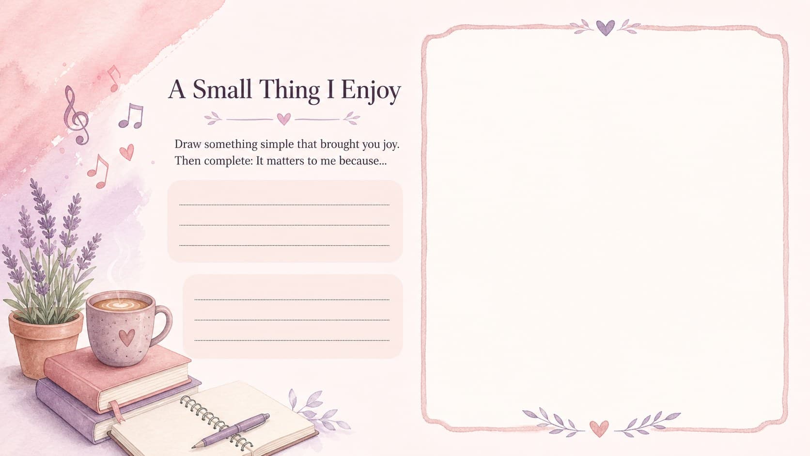 Pastel student workbook slide for drawing and describing a small source of joy.