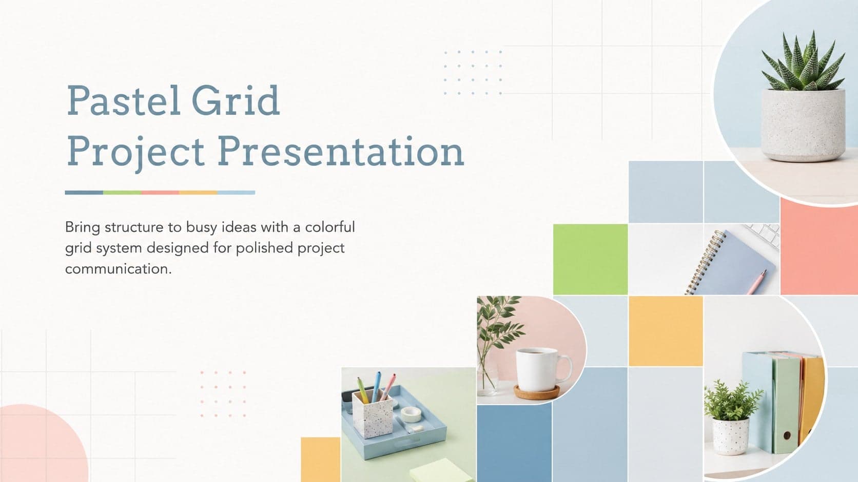 Cover for a Pastel Grid Project Presentation with colorful geometric blocks and a clean project-focused title.