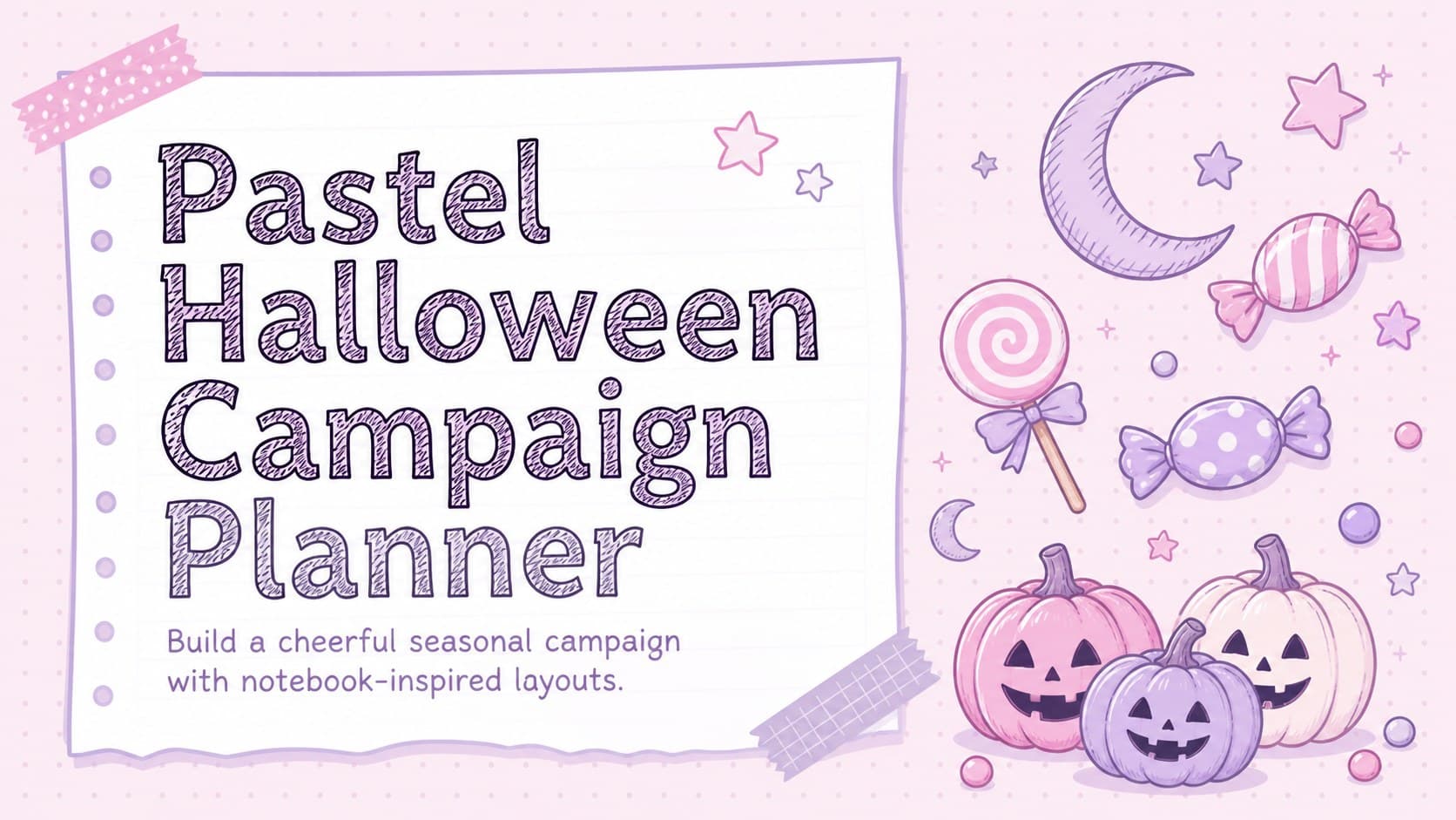 Cover of a pastel Halloween campaign planner with pink and violet notebook graphics and friendly seasonal illustrations.