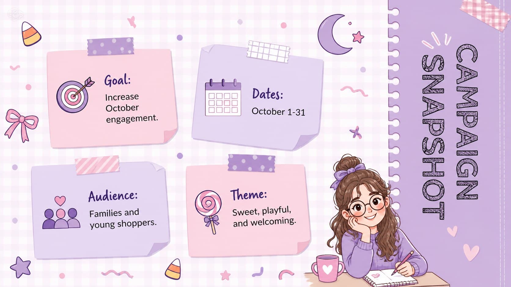 Pastel Halloween marketing slide presenting a campaign snapshot with goals, dates, audience, and theme.