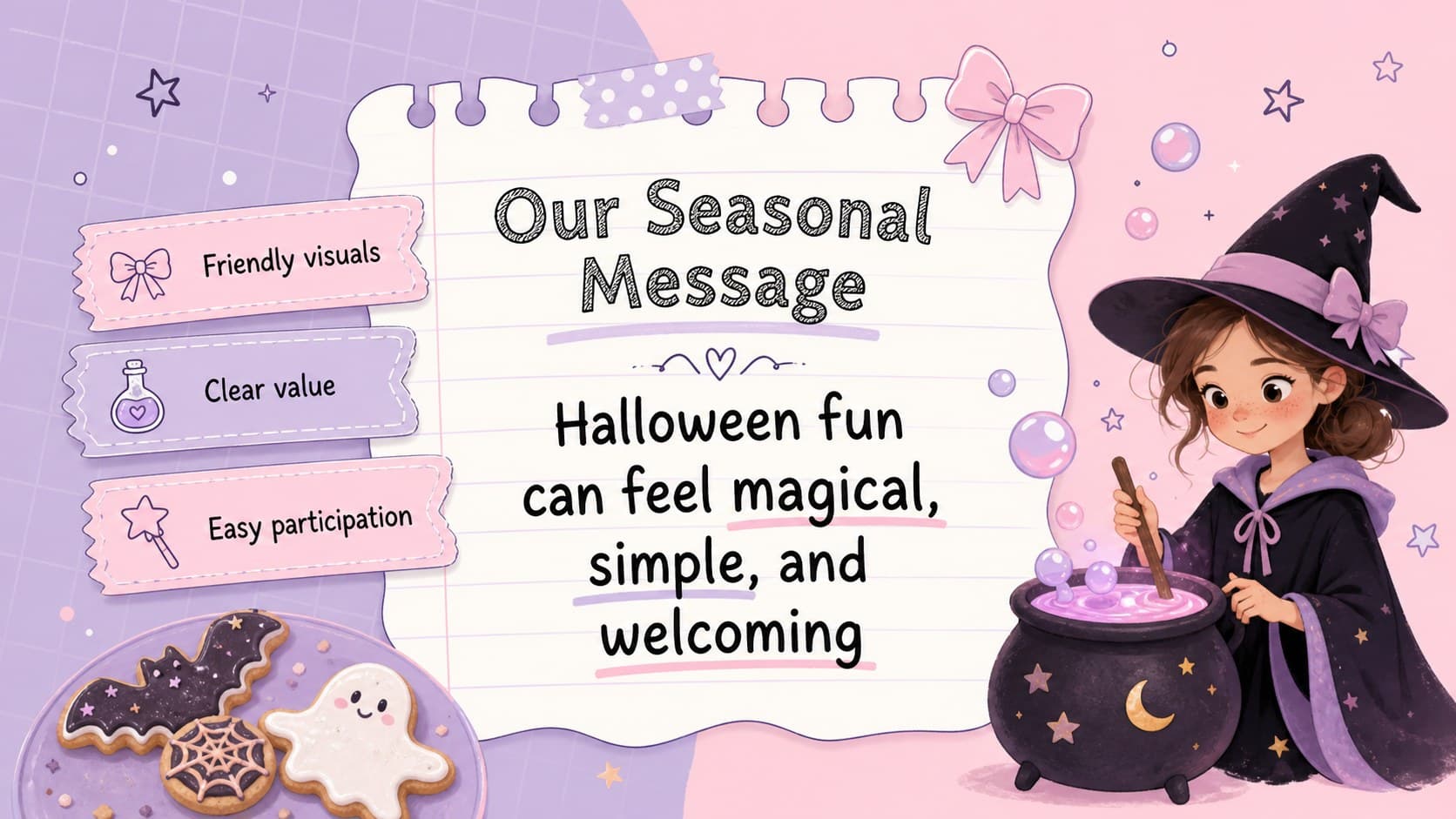 Pink and violet Halloween slide defining a cheerful seasonal campaign message and supporting points.