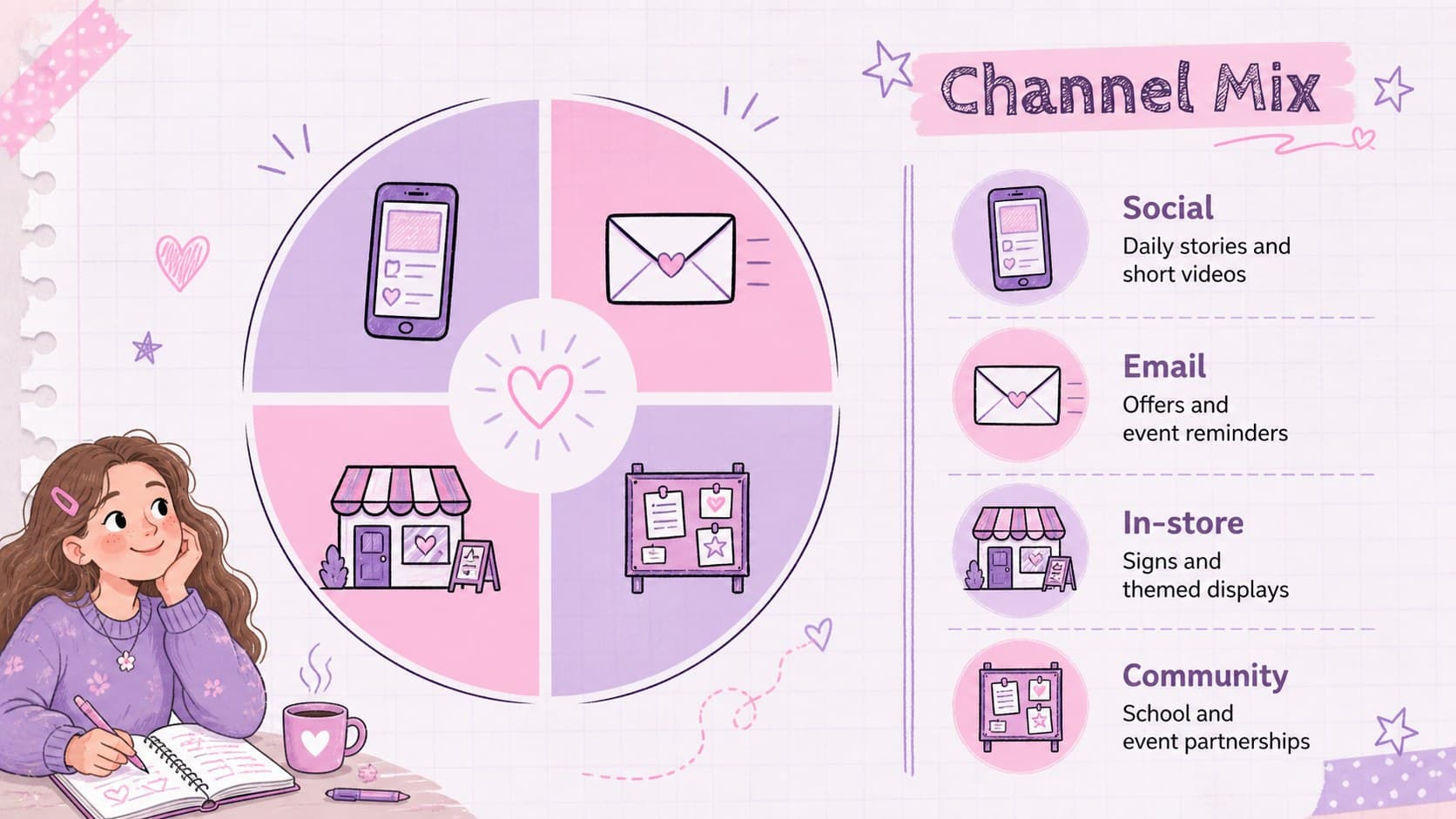 Halloween social media campaign template slide comparing email, social, in-store, and community channels.