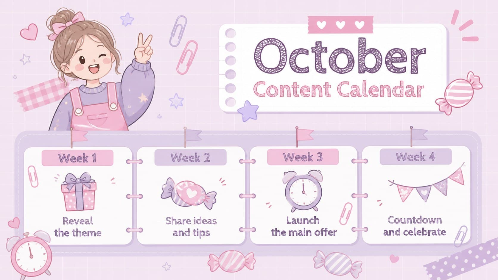 Halloween content calendar presentation with weekly themes for an October promotional schedule.