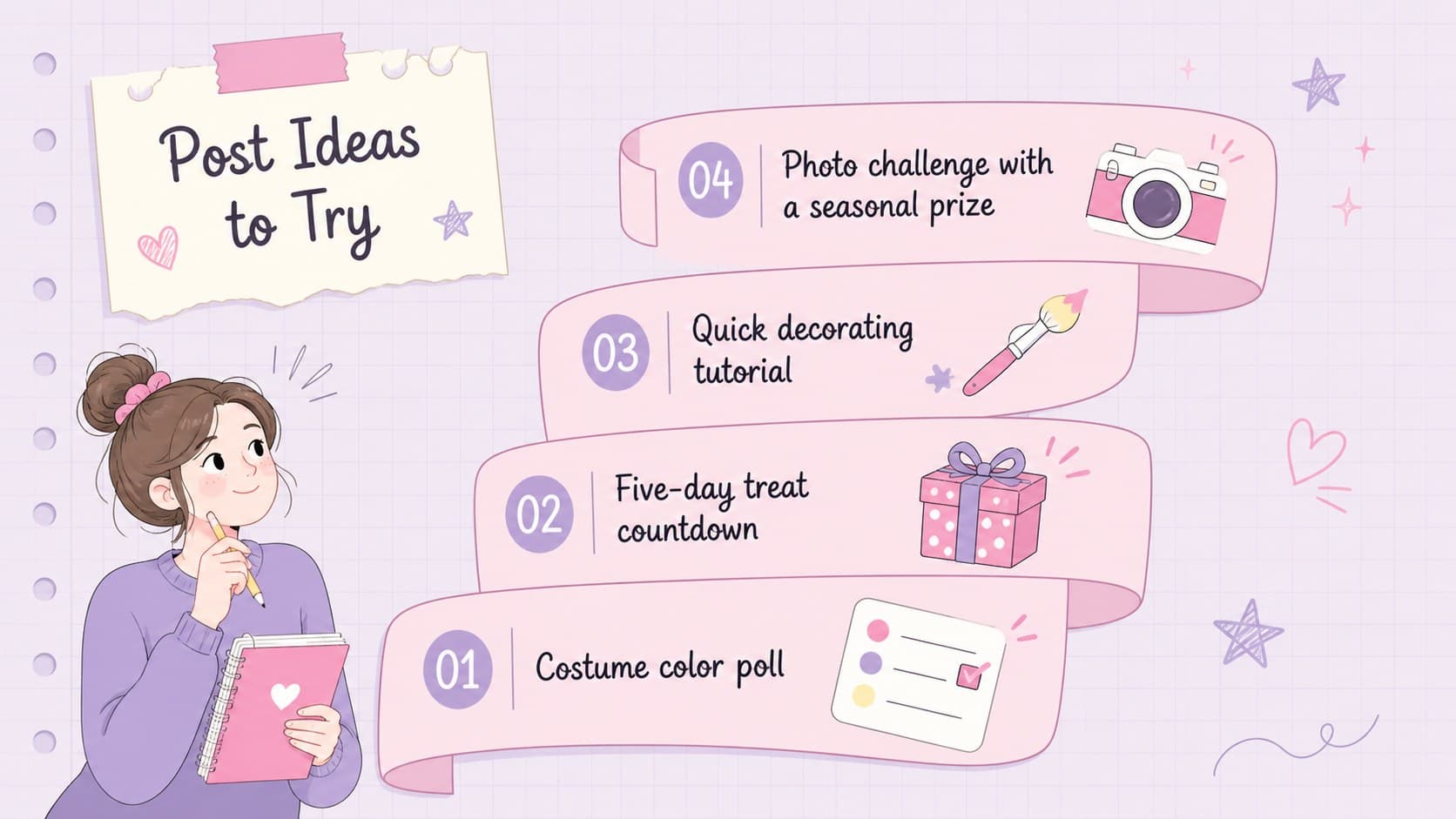 Cute Halloween promotion presentation slide featuring contest, countdown, tutorial, and poll content ideas.