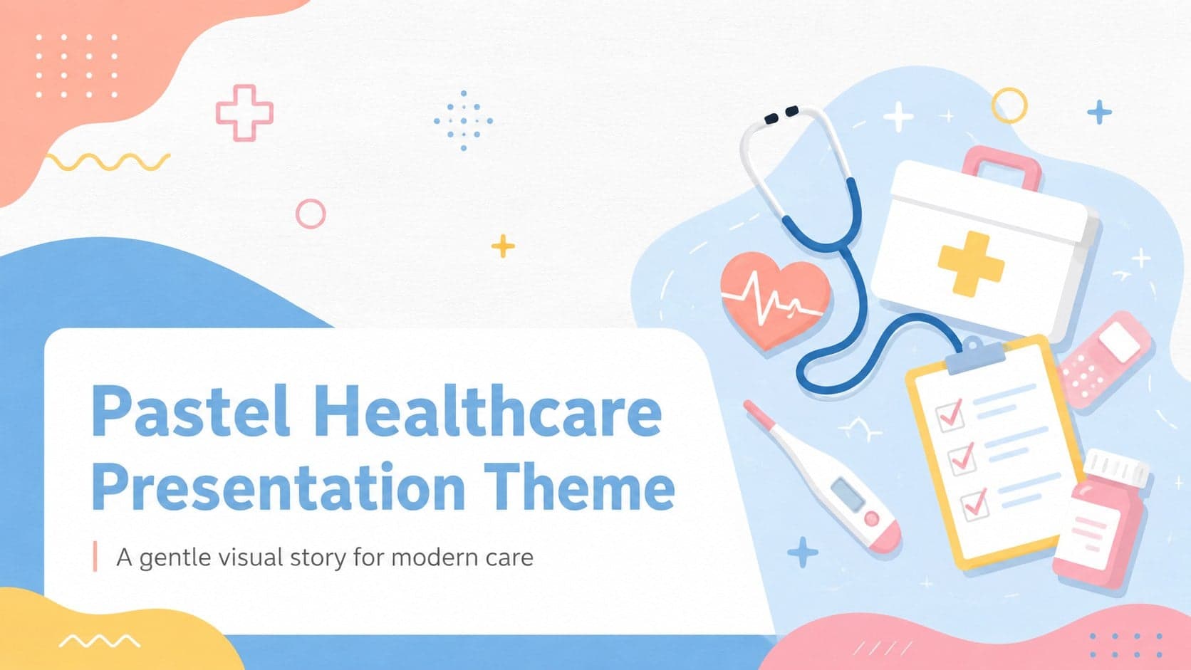 Cover slide for a pastel healthcare presentation theme with soft clinic illustrations and a welcoming title.