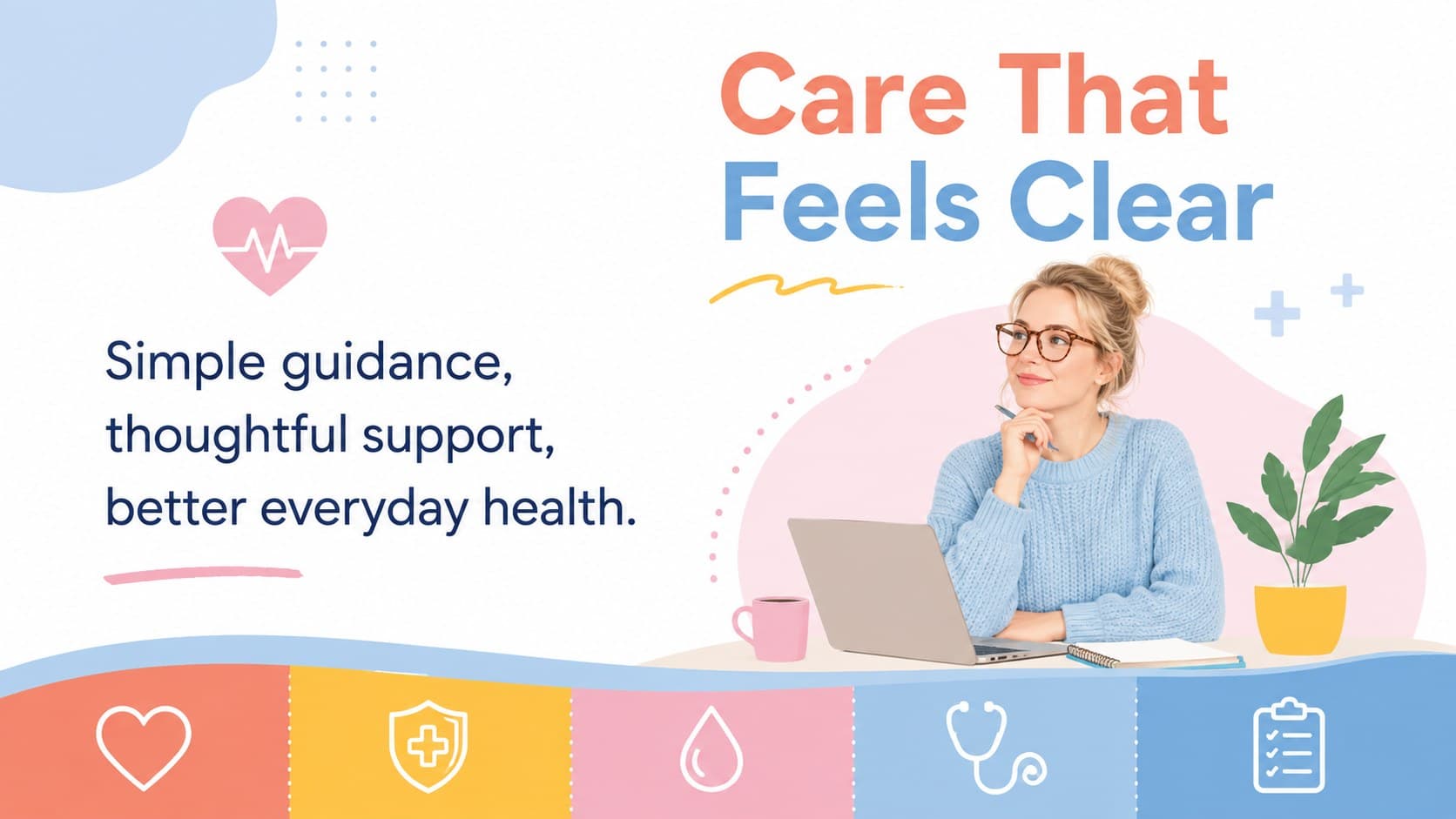Healthcare presentation slide introducing a clinic mission with pastel illustrations and concise care messaging.