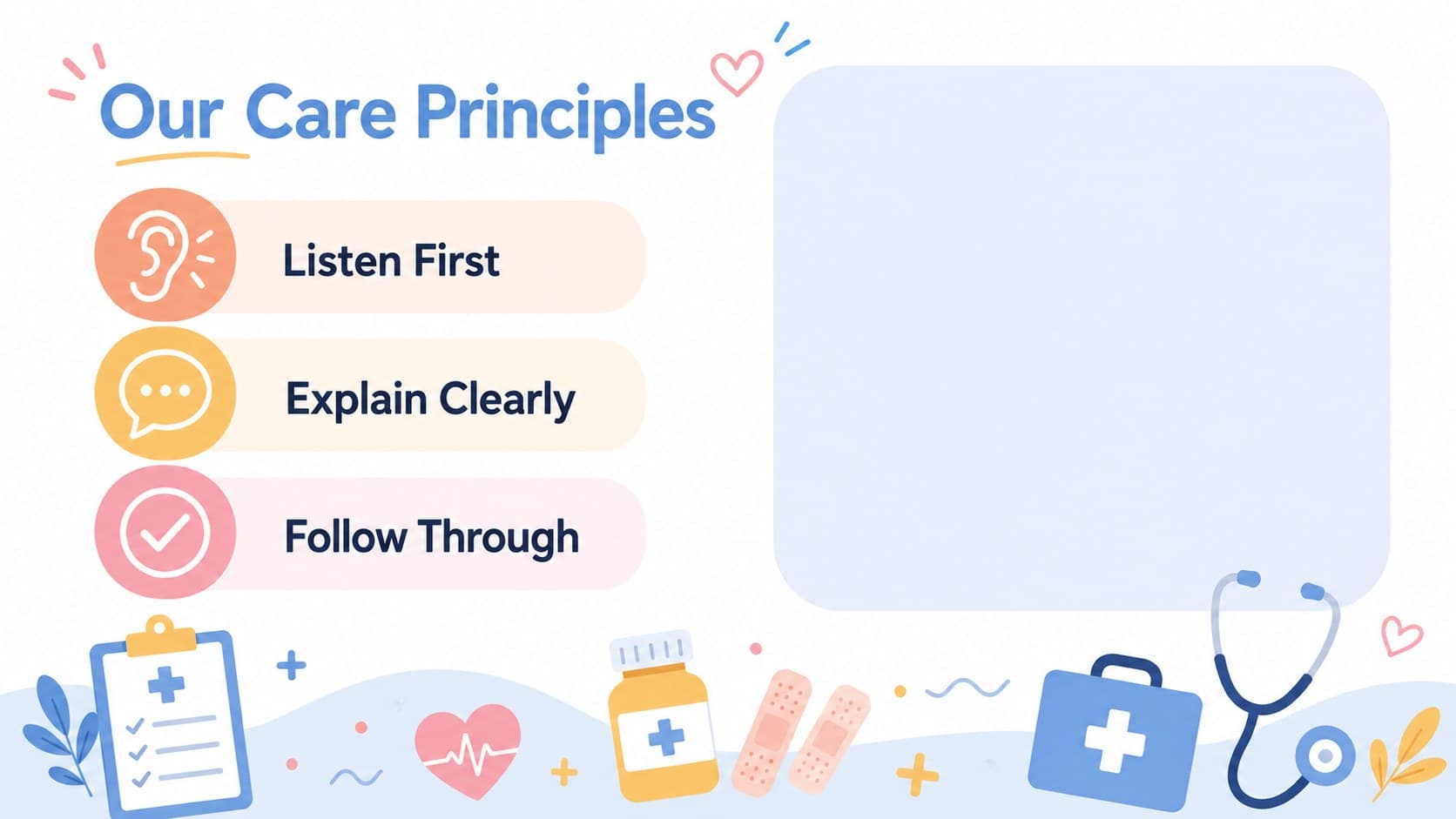Clinic values slide with pastel doodles surrounding a patient-centered care statement.