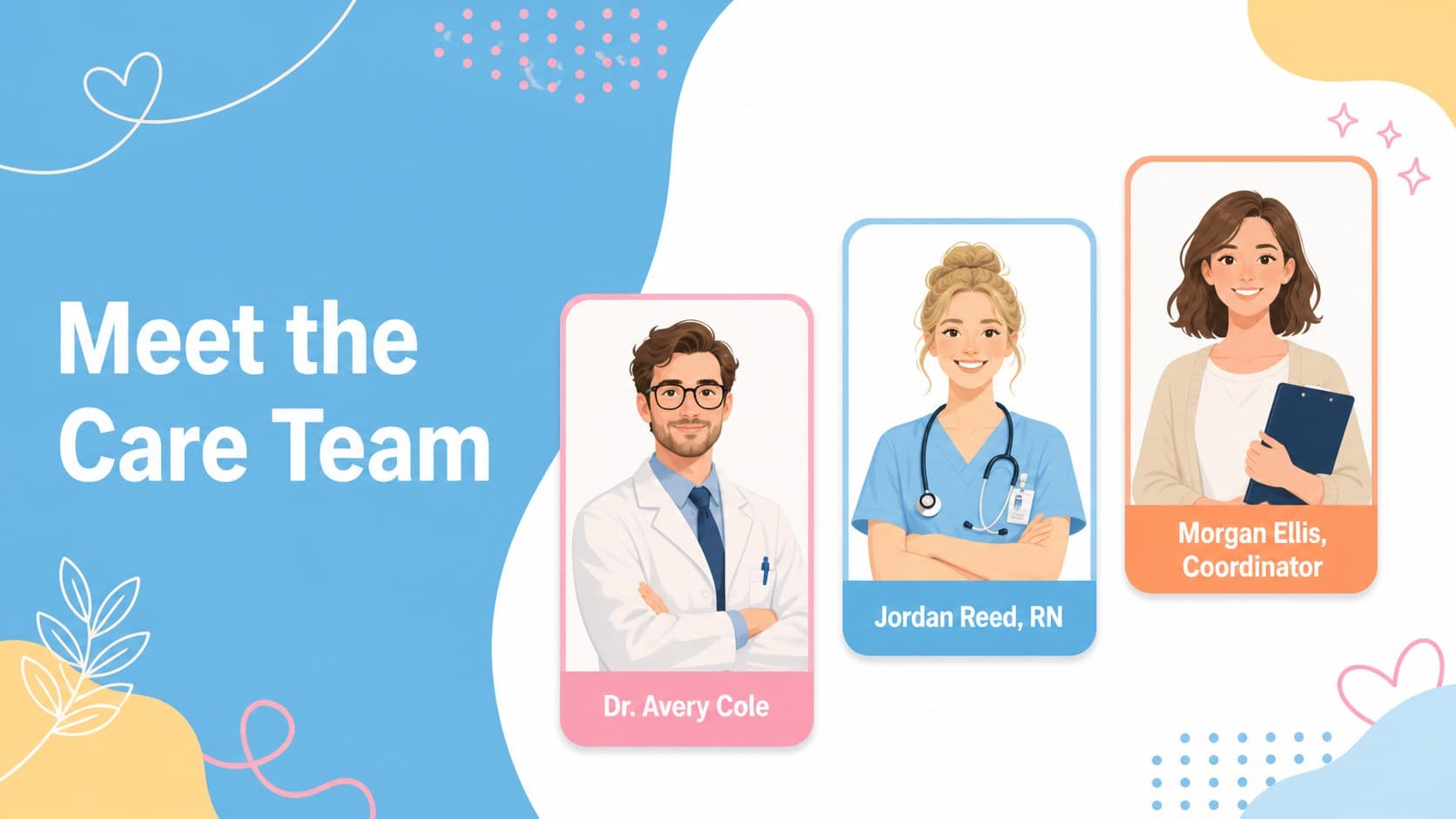Pastel healthcare team slide presenting diverse clinic roles with friendly illustrated portraits.