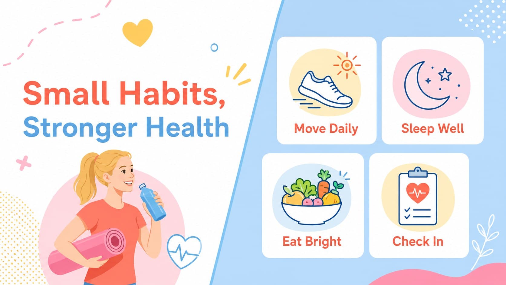 Health education slide explaining prevention habits with pastel icons and approachable text blocks.