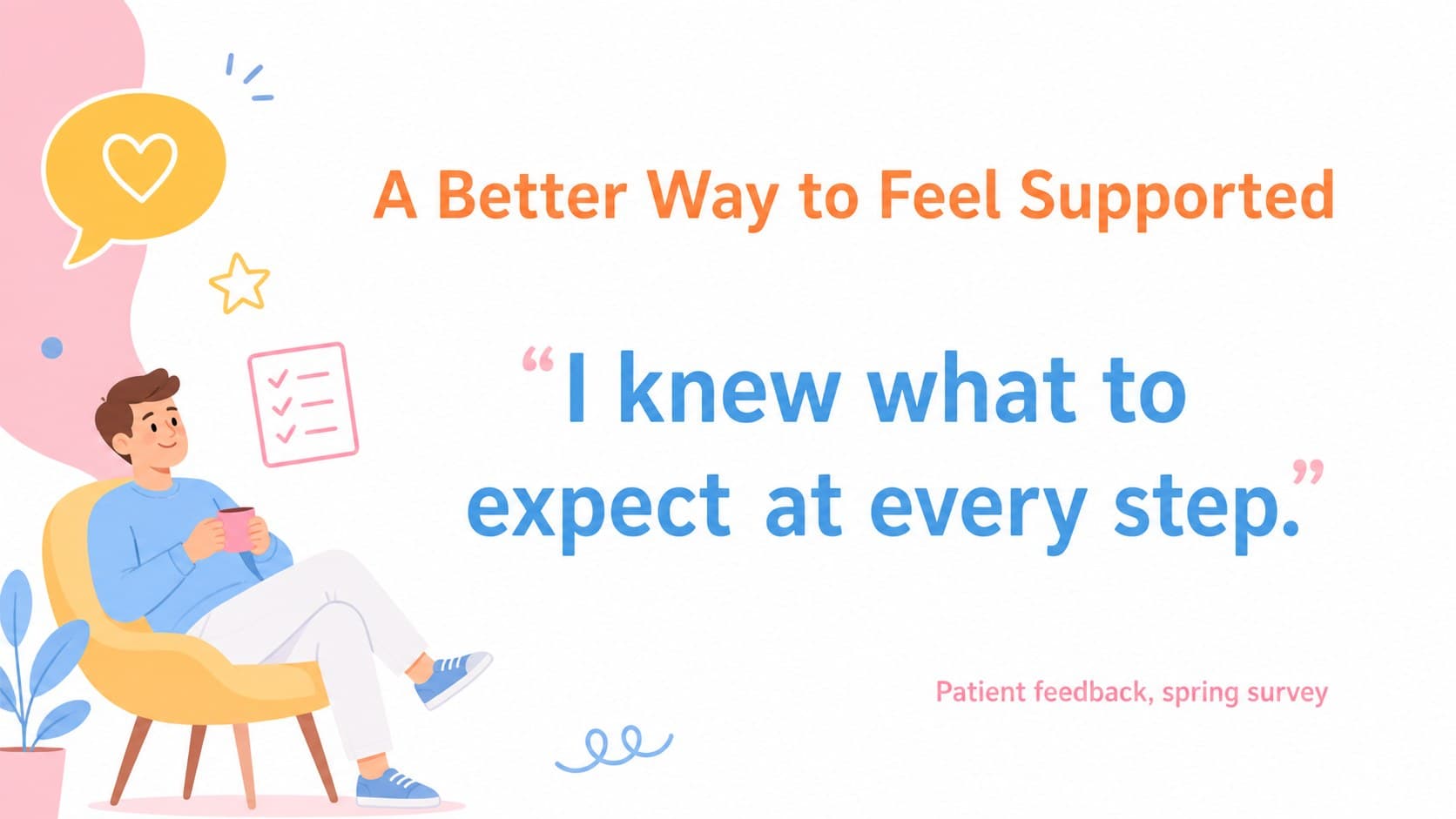 Patient testimonial slide featuring a calm quote layout with pastel medical doodles.