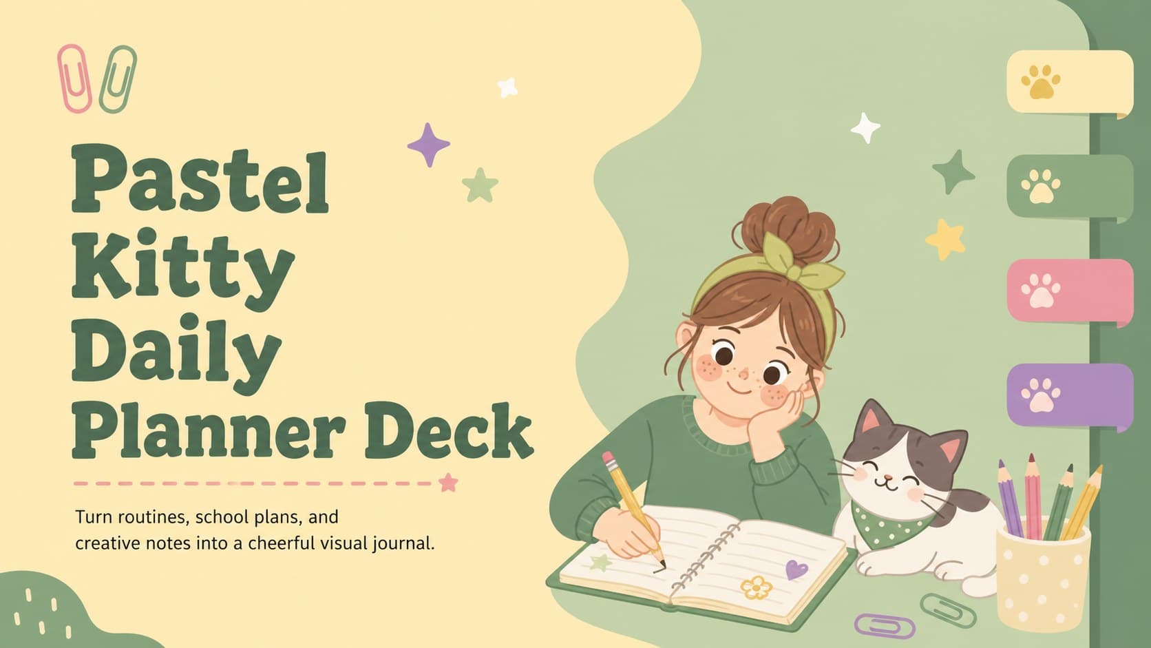 Cover of a pastel kitty daily planner deck with playful cat artwork in yellow and green.