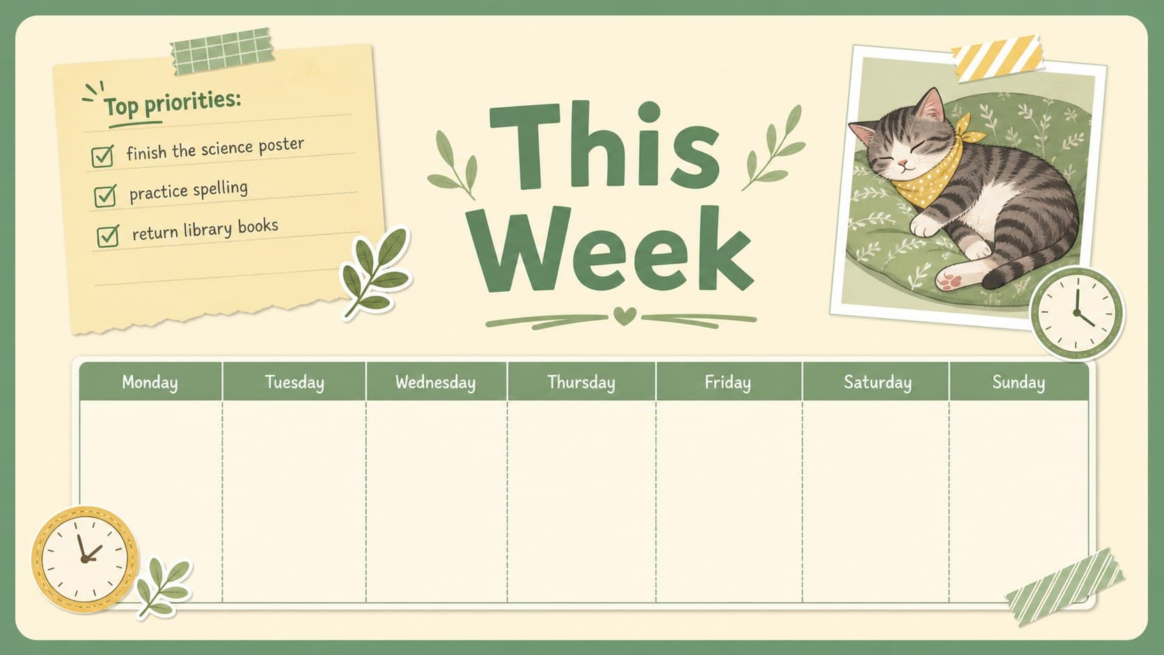 Pastel student organizer template showing a weekly overview with priorities and reminders.