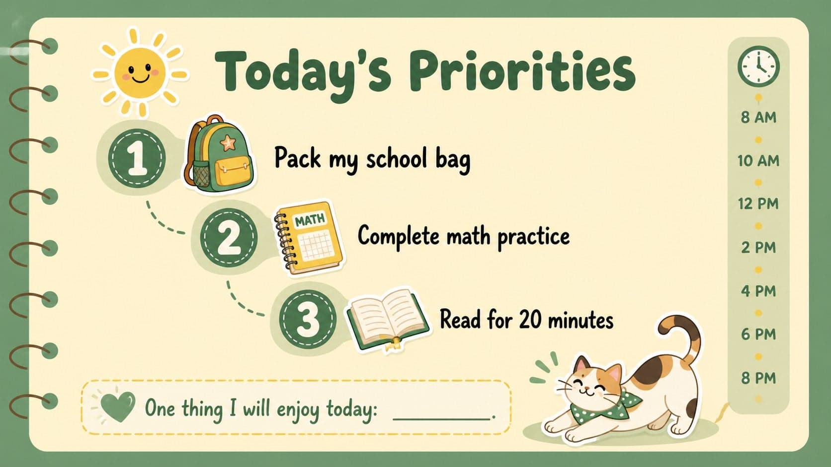 Kids daily routine slide with three priorities, timed tasks, and a cheerful kitty illustration.