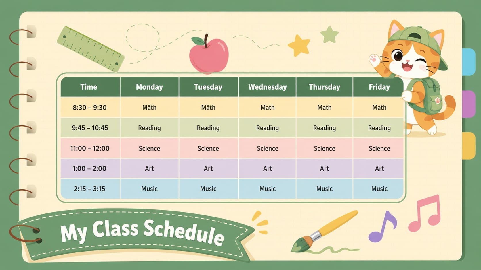 Colorful student schedule template with weekday columns and subject planning spaces.