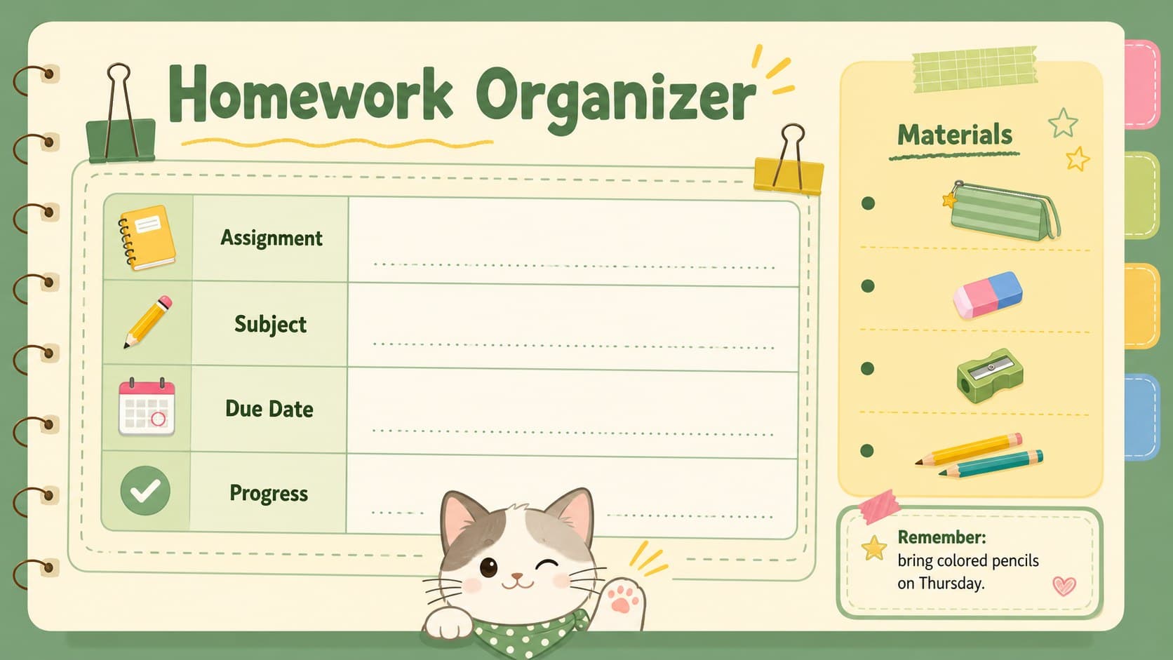 Kitty themed homework planner with subject, due date, progress, and materials fields.