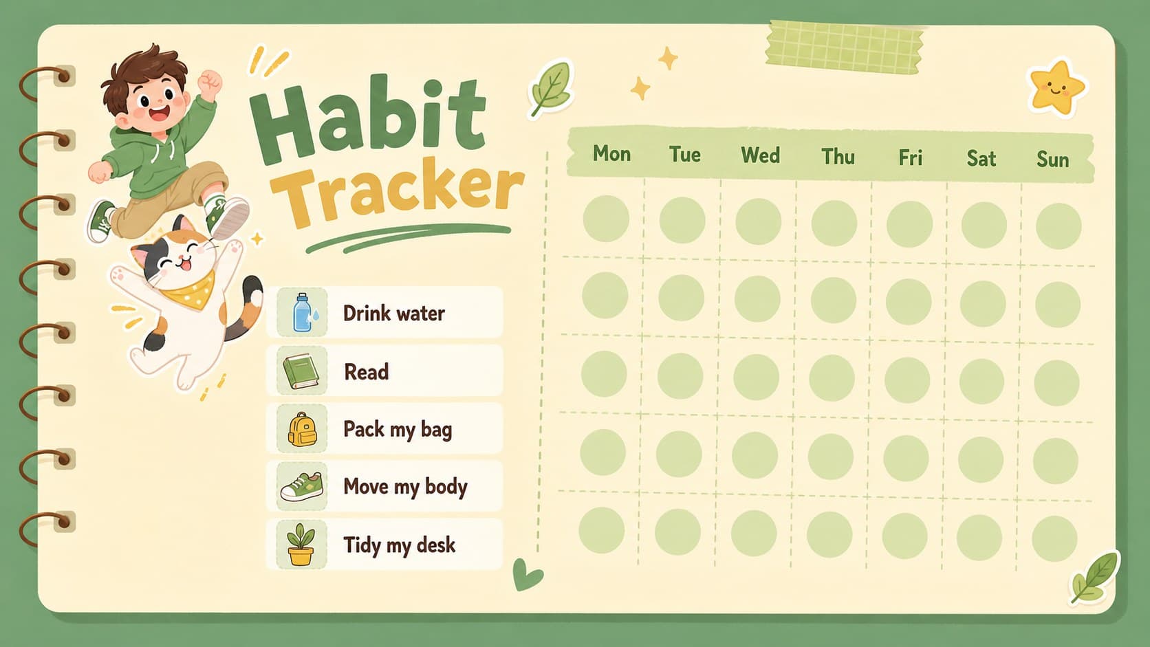 Cat habit tracker presentation with a seven-day grid for healthy student routines.