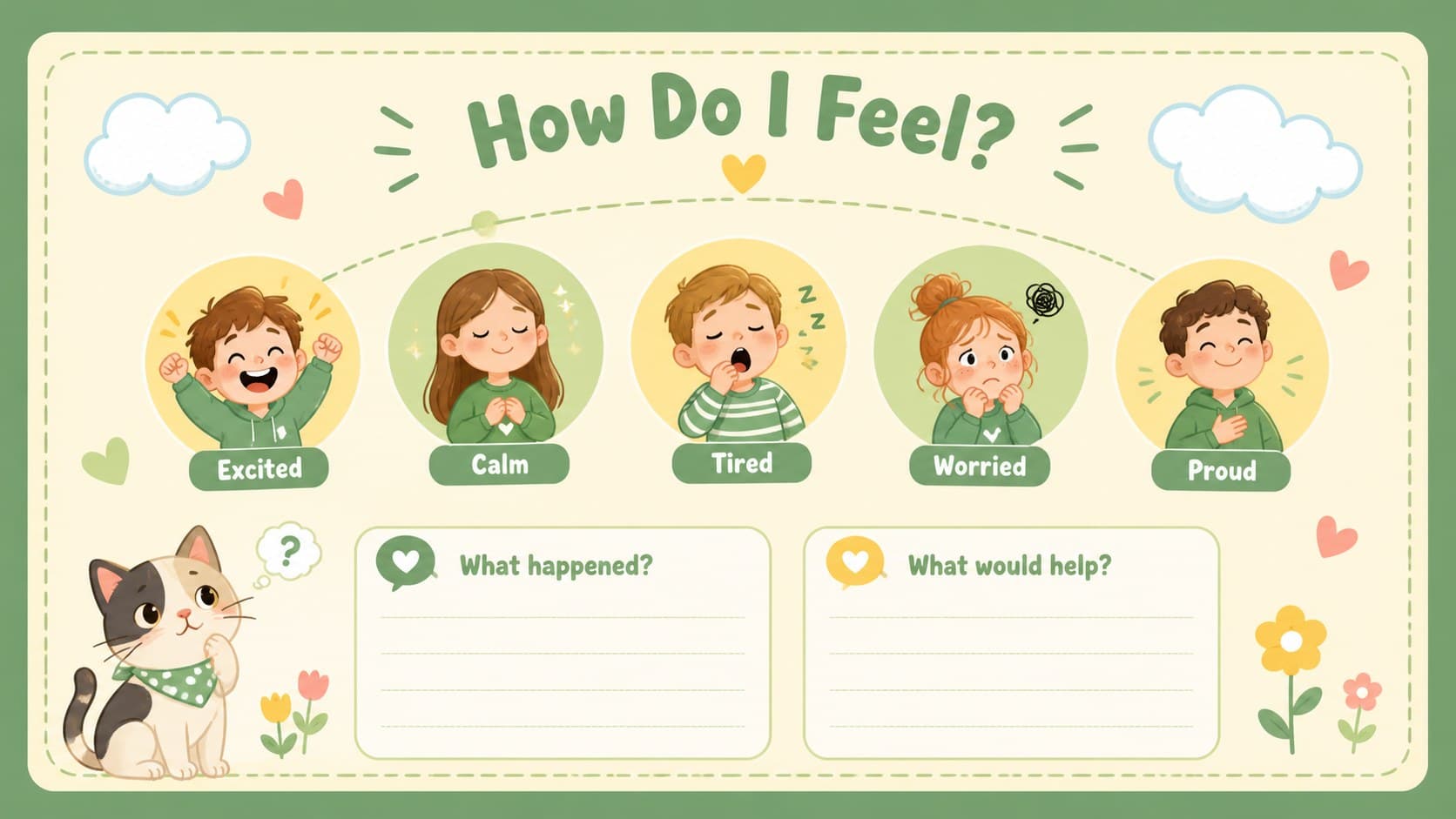 Illustrated school journal page featuring a mood scale and guided reflection prompts.