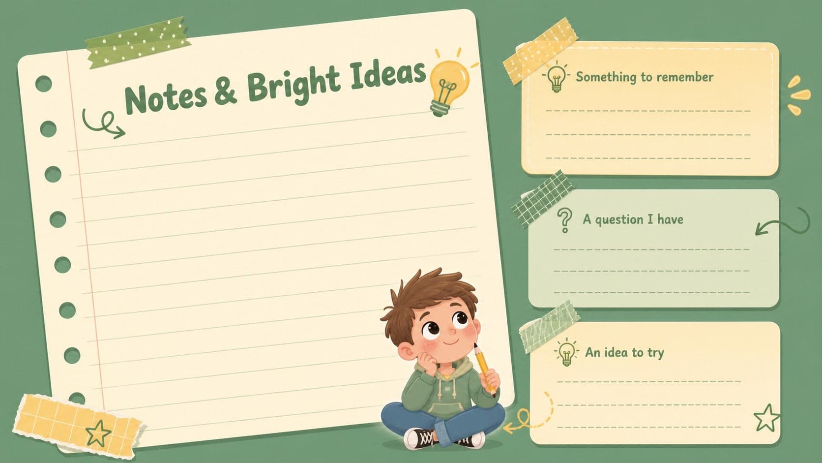 Pastel creative notes page with lined writing space, ideas, and question prompts.