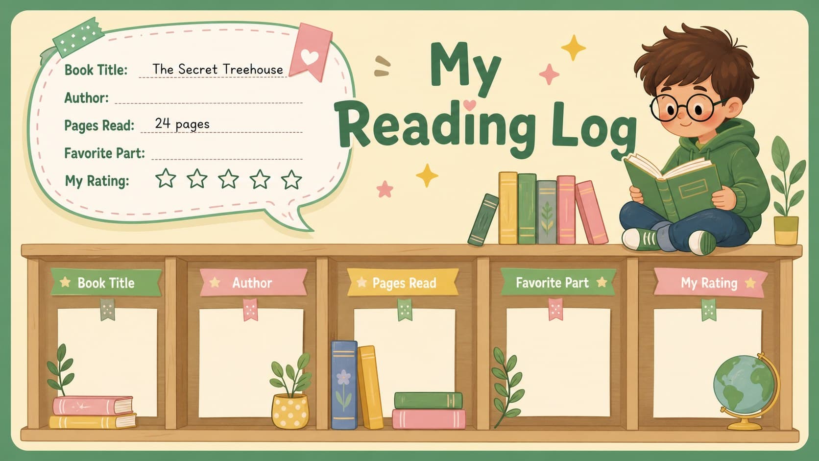 Cute cat planner presentation page with a reading log and book rating area.