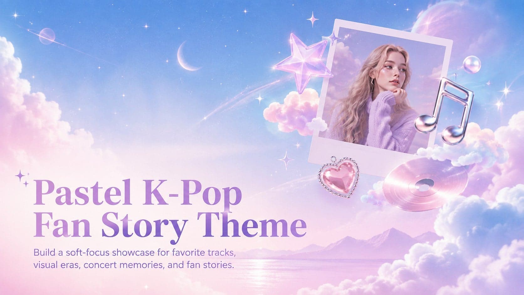 Pastel K-pop fan story theme cover with blue dreamcore clouds, stars, and luminous music-inspired decorations.