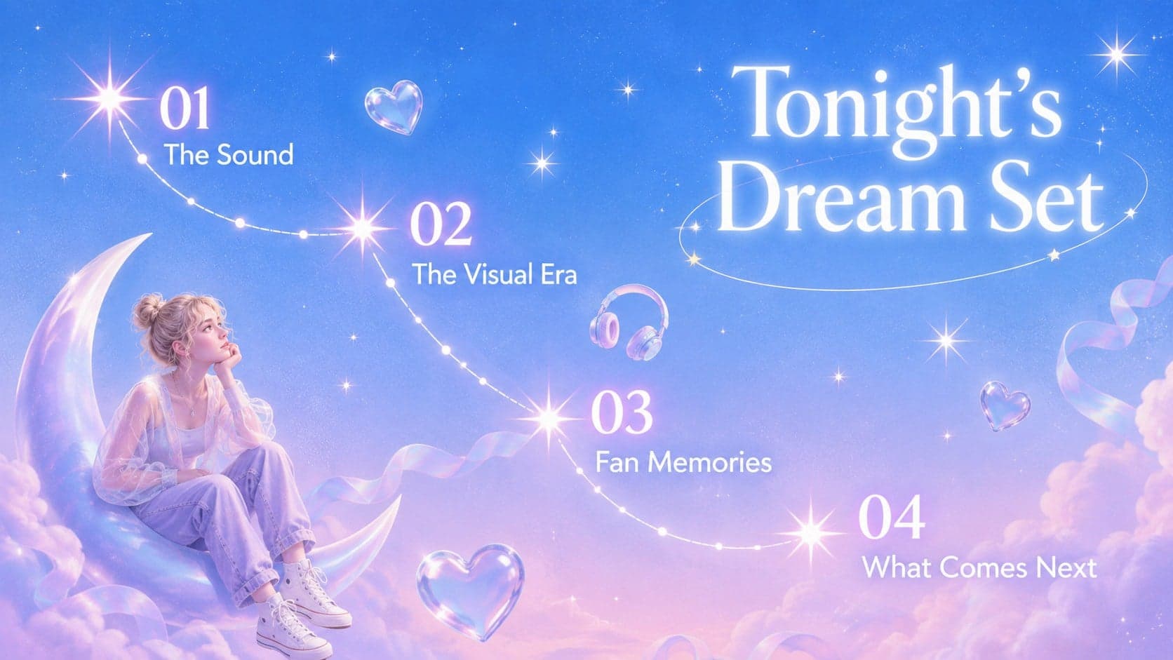 Dreamy K-pop presentation template agenda featuring four sections across a pastel blue celestial layout.