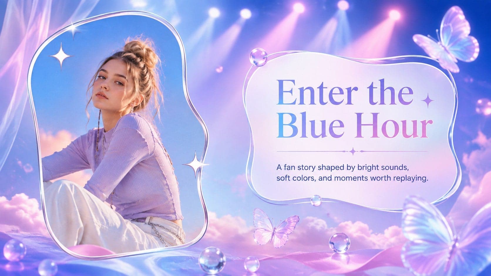 Blue fantasy concert presentation introduction with an original fan portrait and soft celestial decorations.